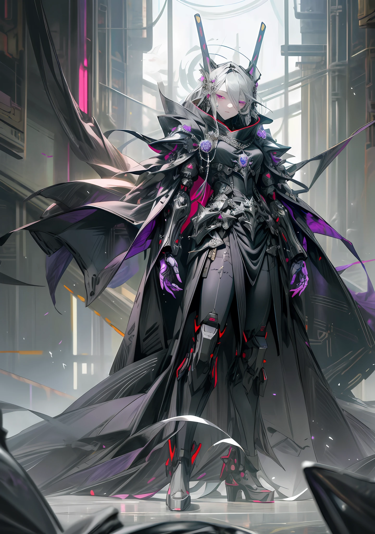Dark_Fantasy, cyberpunk, (black-purple: 1.1), 1 person, mechanical marvel, robot being, cybernetics guardian, full body, armored dress, gray hair, long hair, mask, chinese style, shawl, black long dress, glowing eyes, purple eyes, expressionless, scythe, color long skirt, shawl, mechanical doll, black boots, quiet and eerie, high details, super detail, single, best quality, royal sister, stained glass, beautiful and detailed eyes, jellyfish,