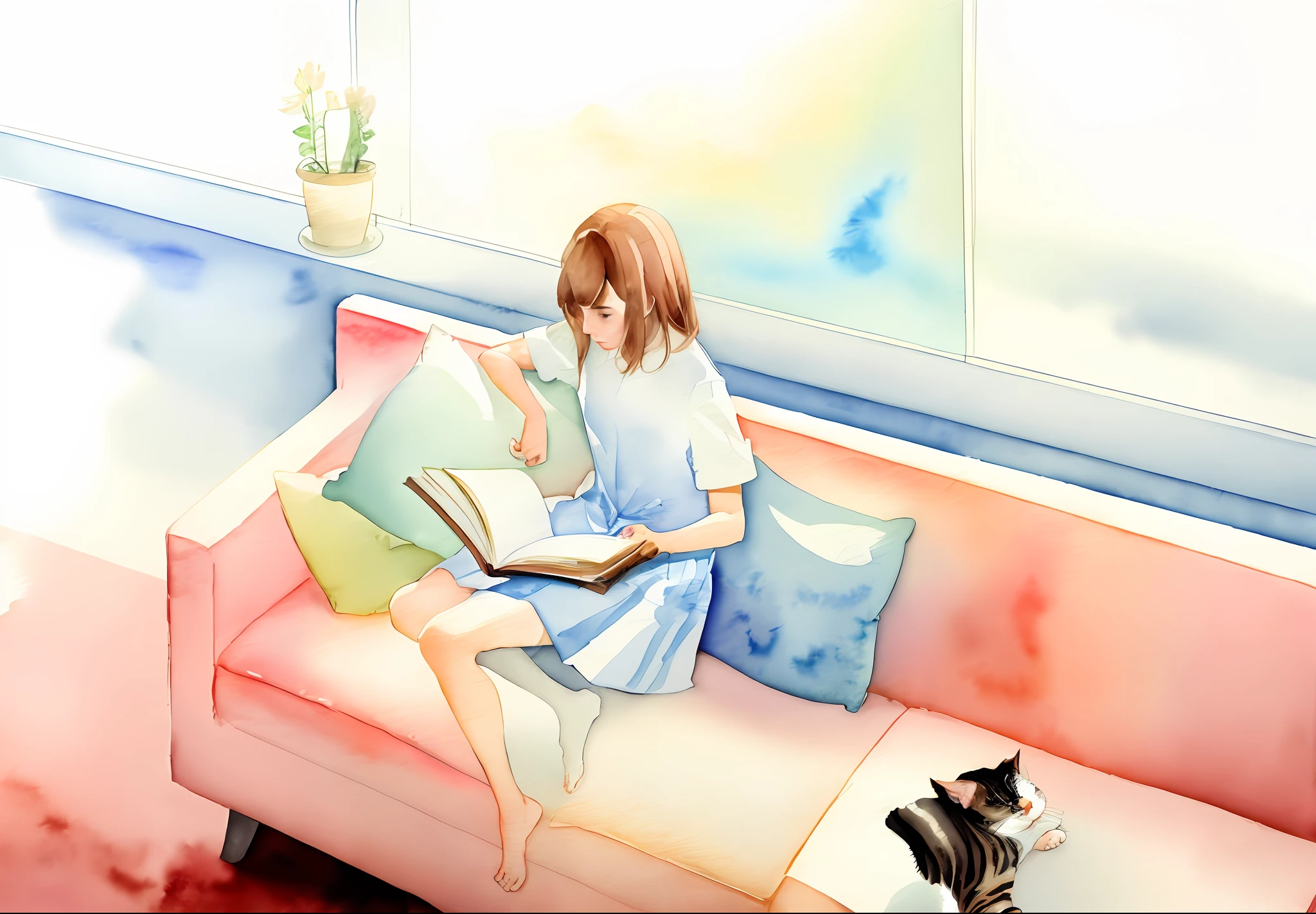 A woman sits on the couch and a cat, with a watercolor style painting.