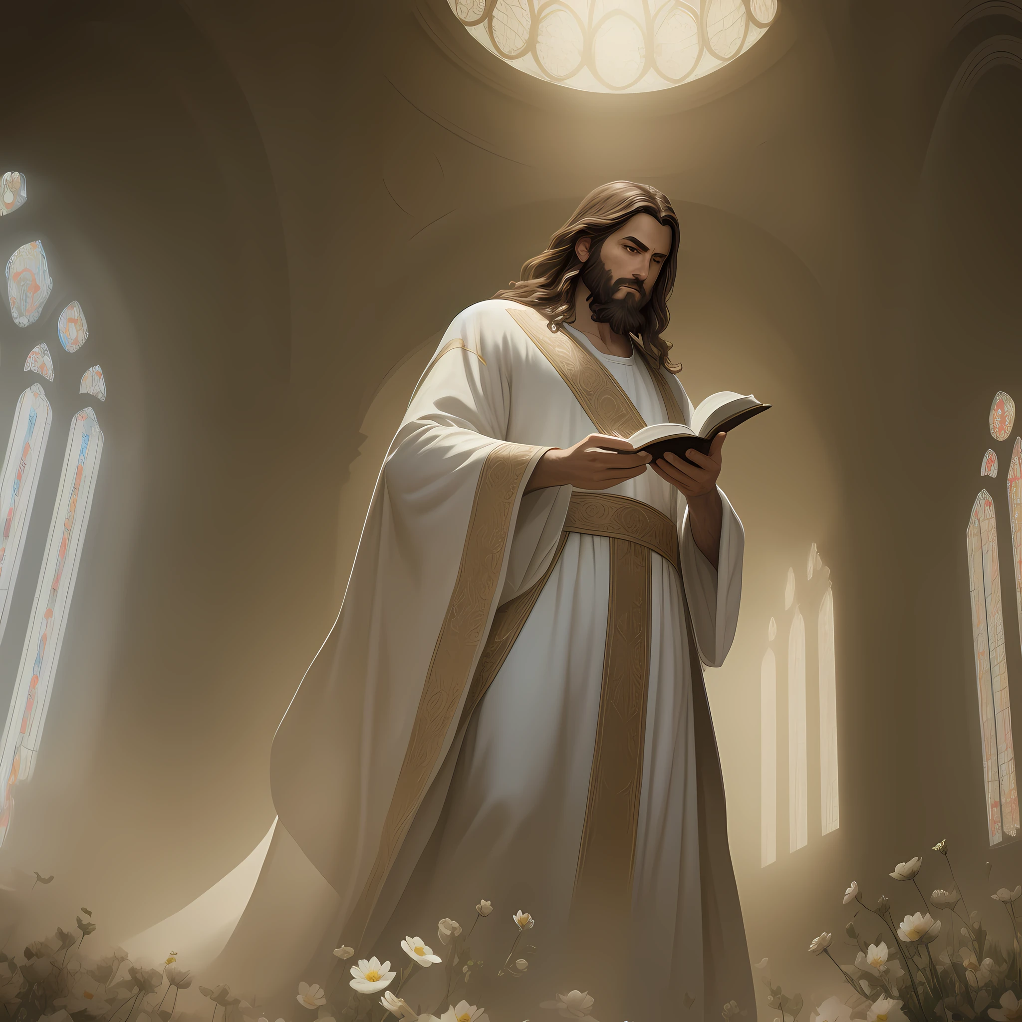 Portrait of Jesus Christ [white tunic] with bible [open] in hand, ((medium hair and medium brown beard)), ((masterpiece)), best quality, high quality, 8k unit wallpaper, award-winning photography, Bokeh, Depth of Field, HDR, flower, chromatic aberration, photorealistic, extremely detailed, intricate, high detail, dramatic, art in the middle of the journey, volumetric lighting, art by Artgerm and Ruan Jia and Greg Rutkowski Surreal painting,  full body, (masterpiece, beautiful finely detailed eyes: 1.2), HDR, 8K, God Ray