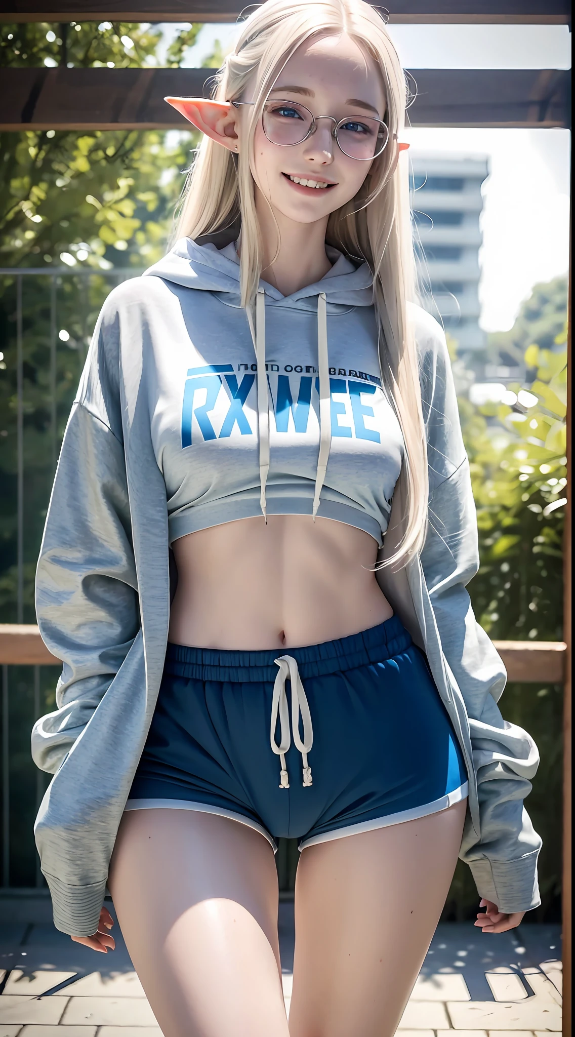 Raw photo, candid, textured skin, 1girl, slender body, white long hair, pale skin, Korean, nerd glasses, blue eyes, freckles, elf ears, smiling, loose clothes, hoodie, gym shorts, ((wide thighs):1.2), (wide thigh gap:1.2), playground, photorealistic, best quality, 8k, masterpiece