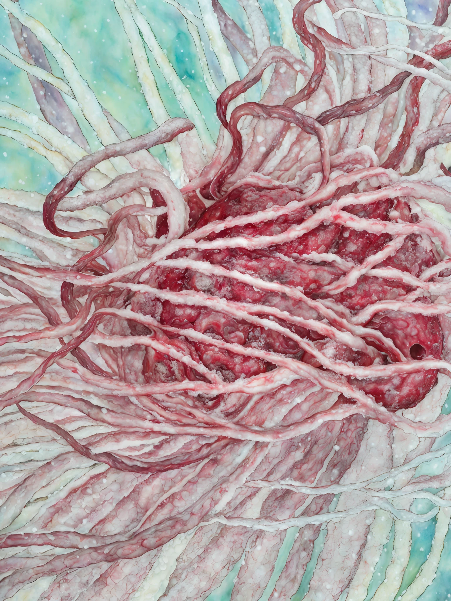 Flowing blood sausage, covered with snow, detailed soft painting, flowing tendrils, ultra-fine detail painting, ultra-fine detail painting, detailed colored pencil, complex organic drawing, complex ultra-detailed macro photo, dream painting of coronavirus, complex wiring