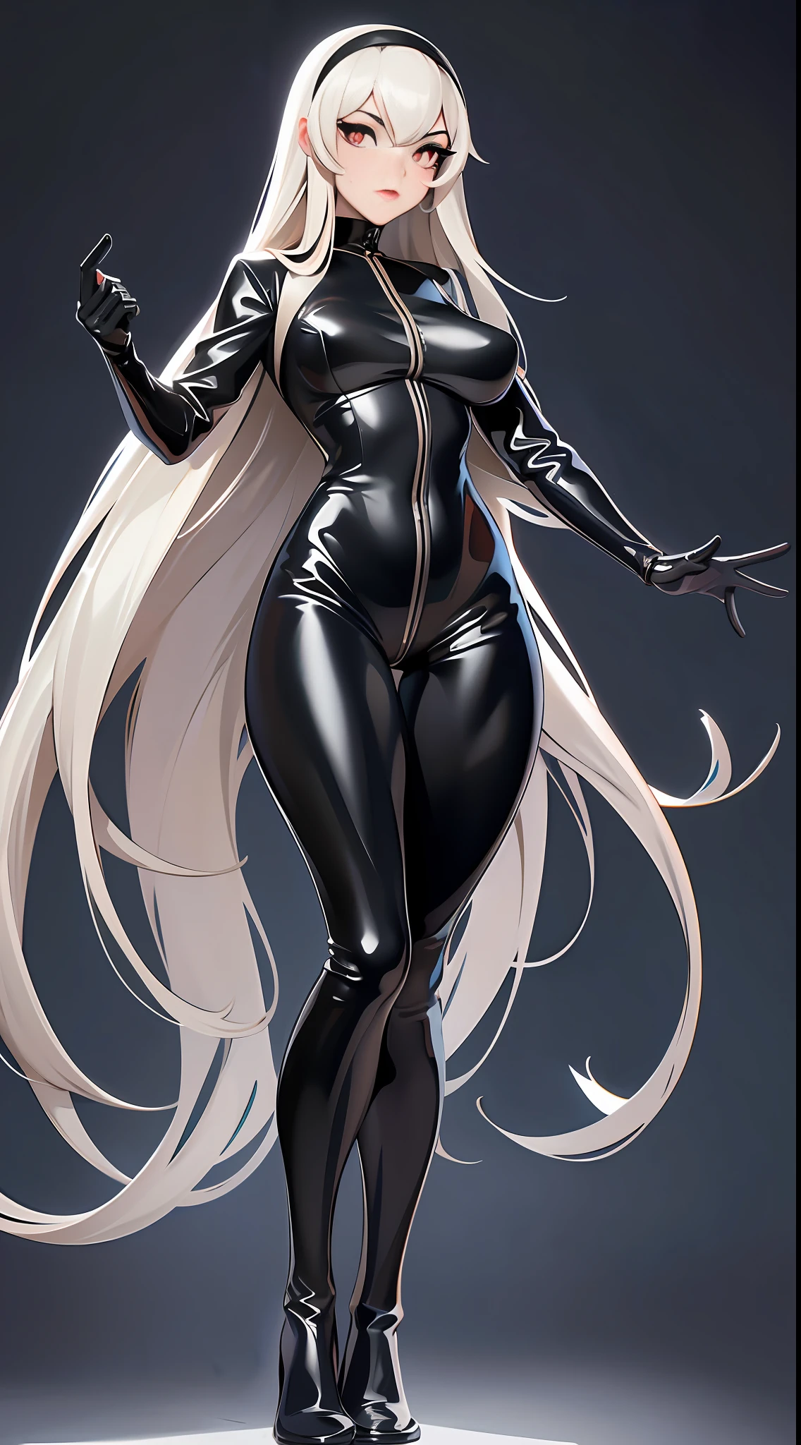 full body picture Unreal Engine 5 8K UHD of beautiful female, nun, black tight latex catsuit with nun outfit, two leather belts on hip, latex body harness, beautiful make up, best quality, masterpiece