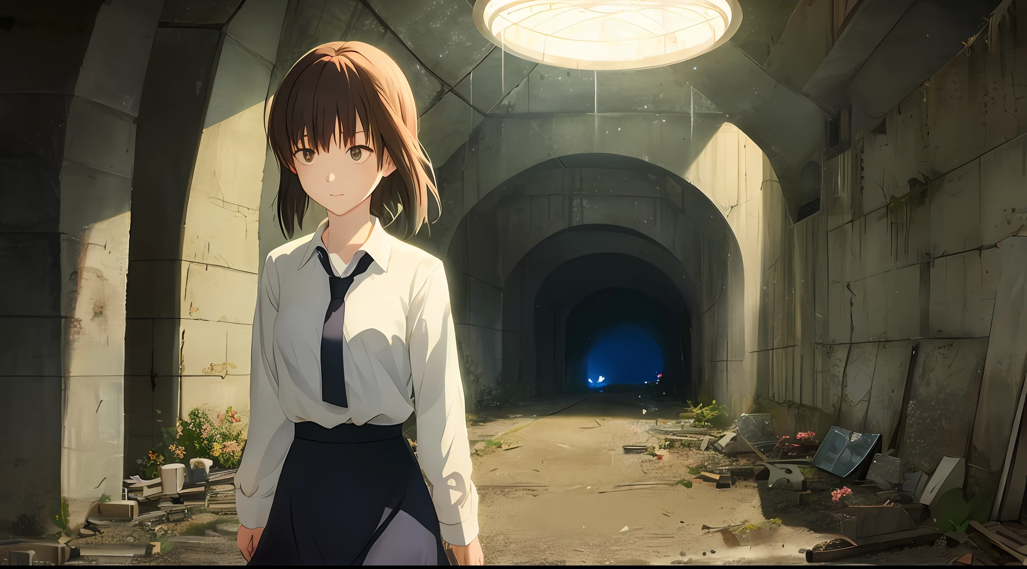 A beautiful young woman drawn with very detailed illustrations carefully drawn like Makoto Shinkai's anime. Wandering through the underpasses of narrow and dark tunnels of a dark city. She has short brown hair, perfect round gray eyes, and wears a light gray shirt and a long skirt of dark gray. Large pieces of rubble are scattered around. A strong light shines on her from the ceiling. No one else.