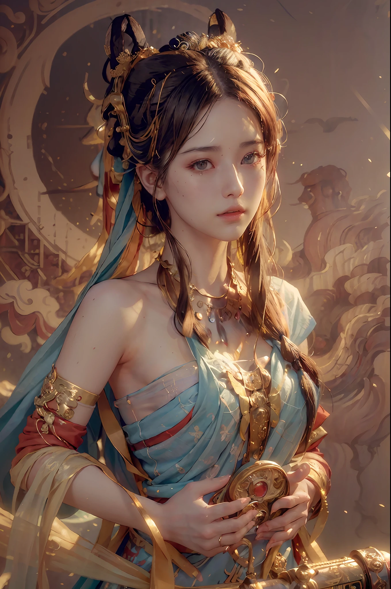 (RAW photo, best quality), (realistic, photo-realistic:1.3),best quality,highly detailed,masterpiece,ultra-detailed,illustration,1girl,upper_body,dynamic angle,world masterpiece theater,messy_long_hair,best quality,extremely detailed CG unity 8k wallpaper,ink,Amazing,cinematic lighting,lens_flare,,dunhuang_style