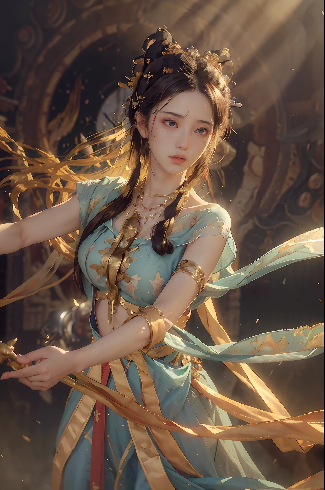 (RAW photo, best quality), (realistic, photo-realistic:1.3),best quality,highly detailed,masterpiece,ultra-detailed,illustration,1girl,upper_body,dynamic angle,world masterpiece theater,messy_long_hair,best quality,extremely detailed CG unity 8k wallpaper,ink,Amazing,cinematic lighting,lens_flare,,dunhuang_style