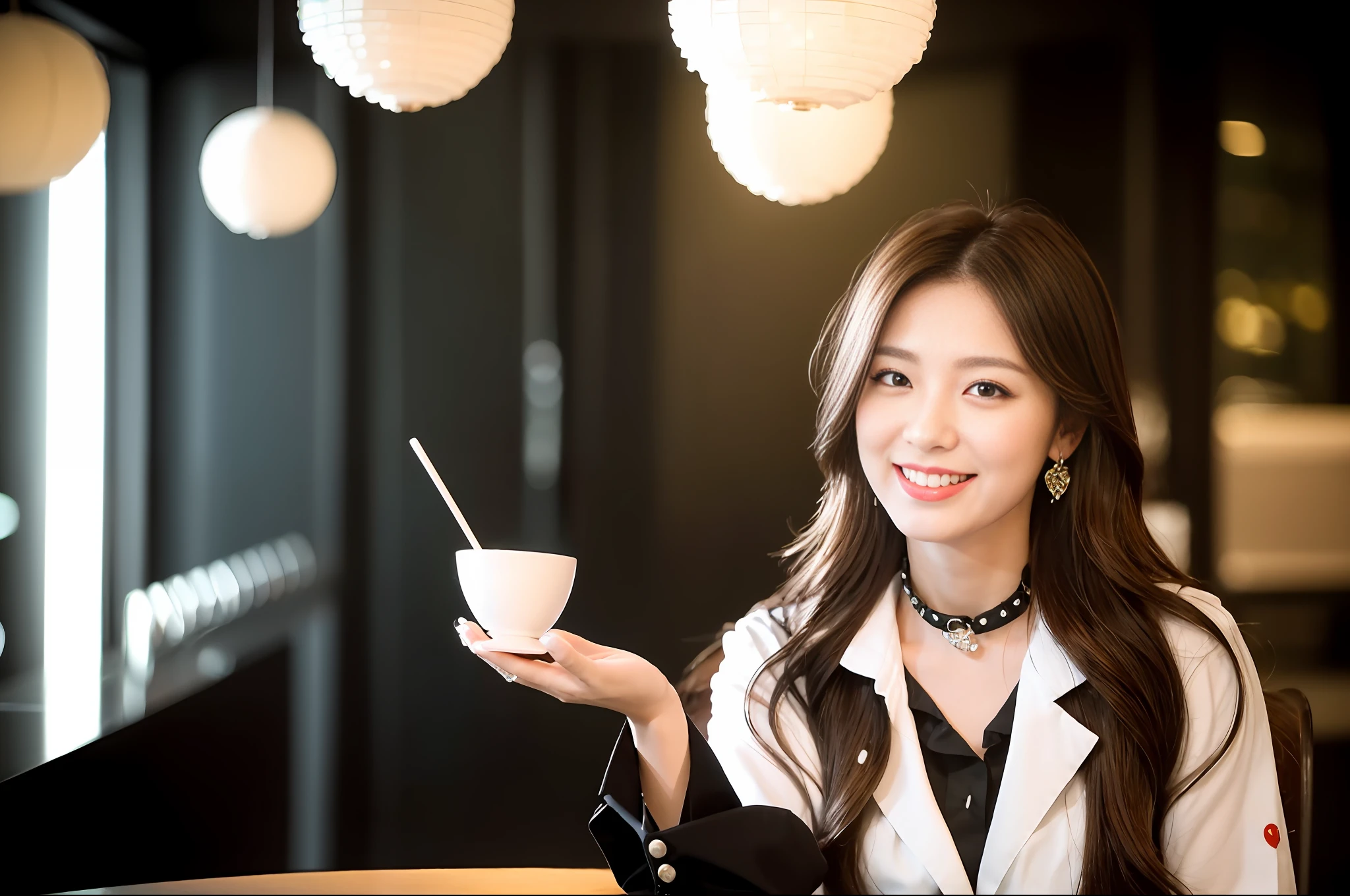 8K, top quality, masterpiece: 1.2), super detailed, 1 girl, cute, independent, beautiful details sky, detail café, night, sitting, date, (red nose), sweet smile, (smile: 1.15), small breasts, small beautiful detail eyes, Turkish, (collar shirt: 1.1), black and white business clothes, night, business dress, long hair, brunette, flowing hair, NovaFrog style, Perfect ratio of 4 fingers to 1 thumb, looking at the front