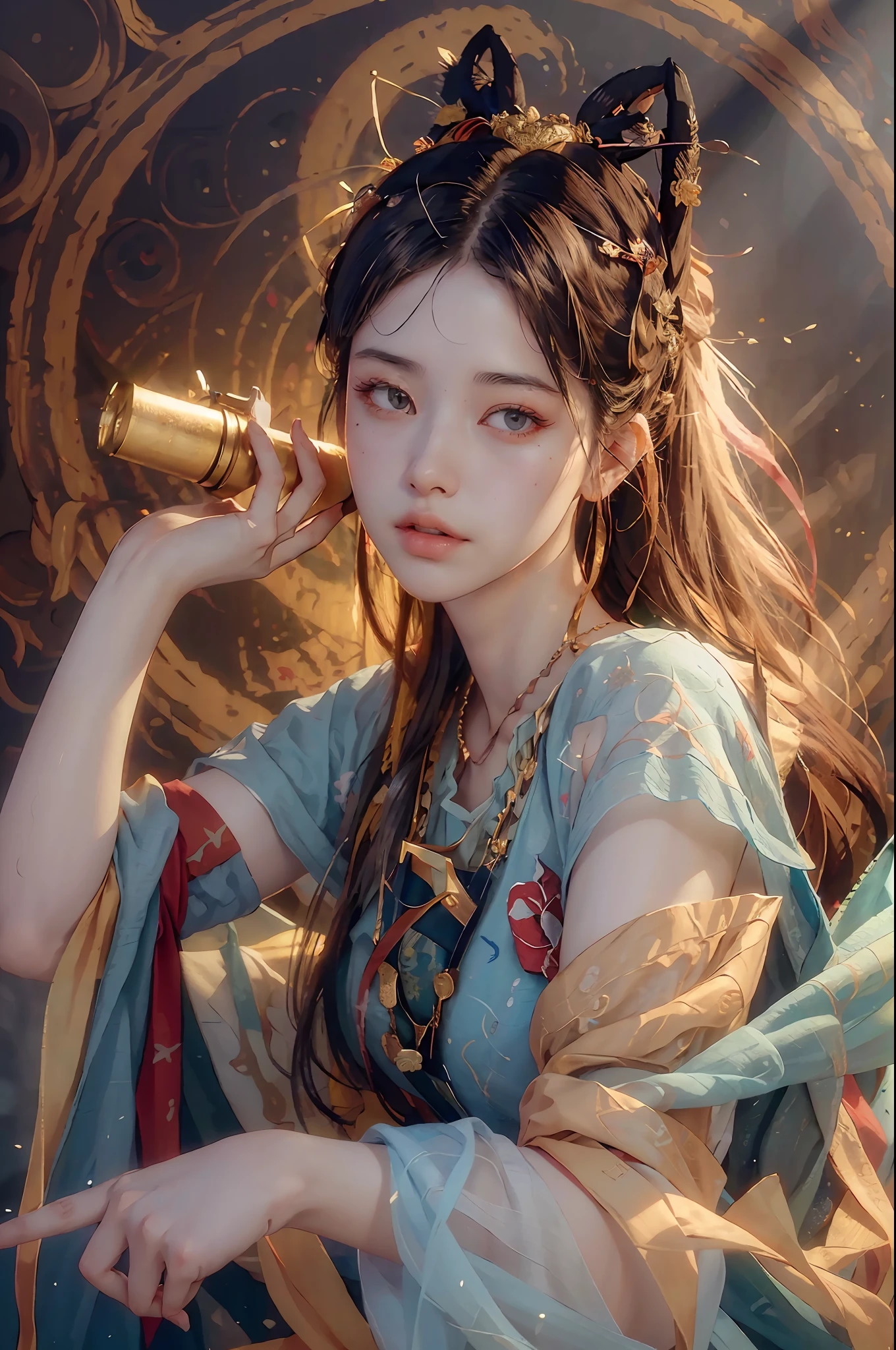 (RAW photo, best quality), (realistic, photo-realistic:1.3),best quality,highly detailed,masterpiece,ultra-detailed,illustration,1girl,upper_body,dynamic angle,world masterpiece theater,messy_long_hair,best quality,extremely detailed CG unity 8k wallpaper,ink,Amazing,cinematic lighting,lens_flare,,dunhuang_style