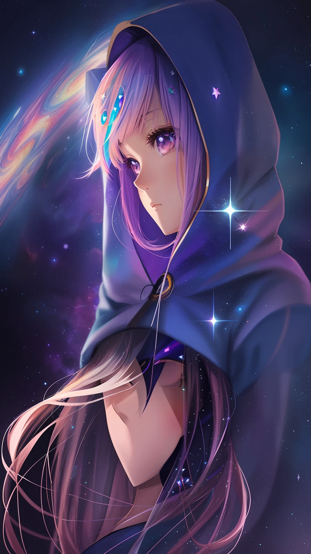 anime girl with stars in her hair and hoodie, anime girl with cosmic hair, girl in space, goddess of galaxies, cosmic girl, anime style 4 k, anime digital art, portrait anime space cadet girl, anime style digital art, strange portrait with galaxy, in the astral plane ) ) ), stars in her gazing eyes, beautiful anime style, girl looks at the space
