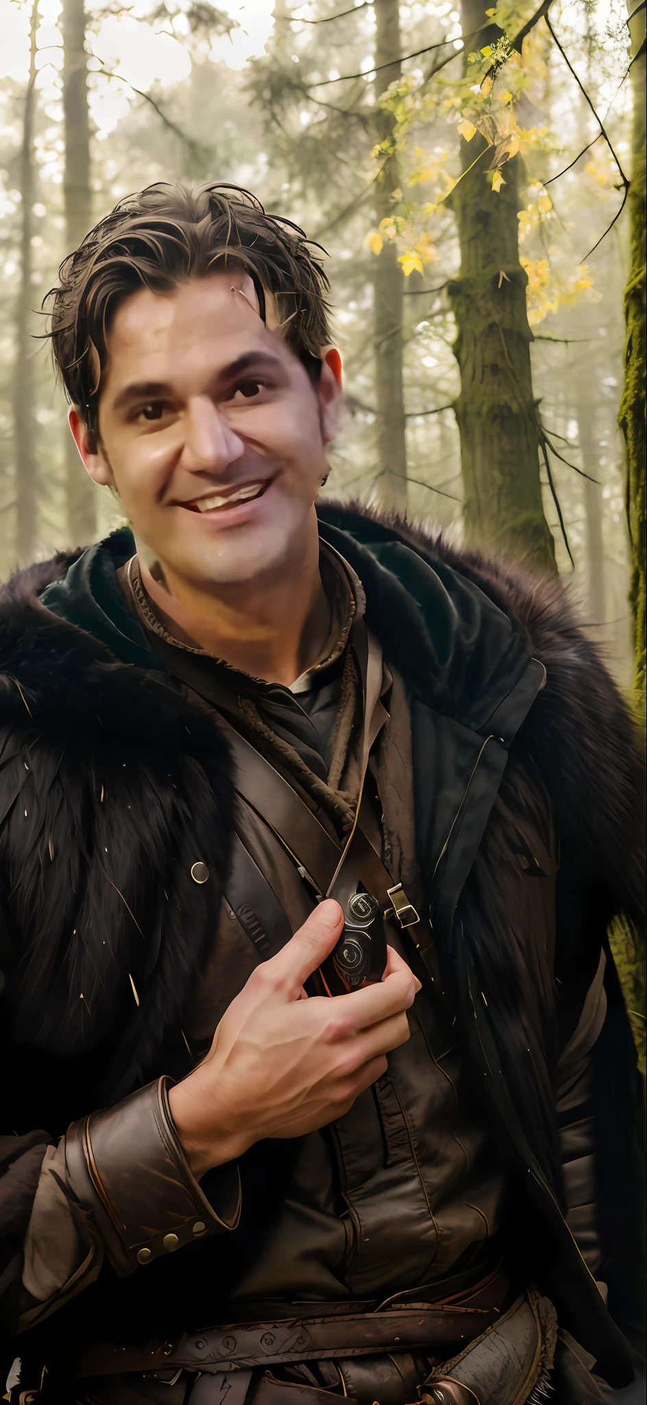 (Award Winning Photo:1.3) of (Masterpiece:1.3), a man, ranger in rainy wood, fur hooded, leather armor with backpack (high detailed skin:1.2), 8k, uhd, dslr, soft lighting, high quality, film grain, Fujifilm XT3, epic, intricate details, hyperdetailed, Highly Detailed