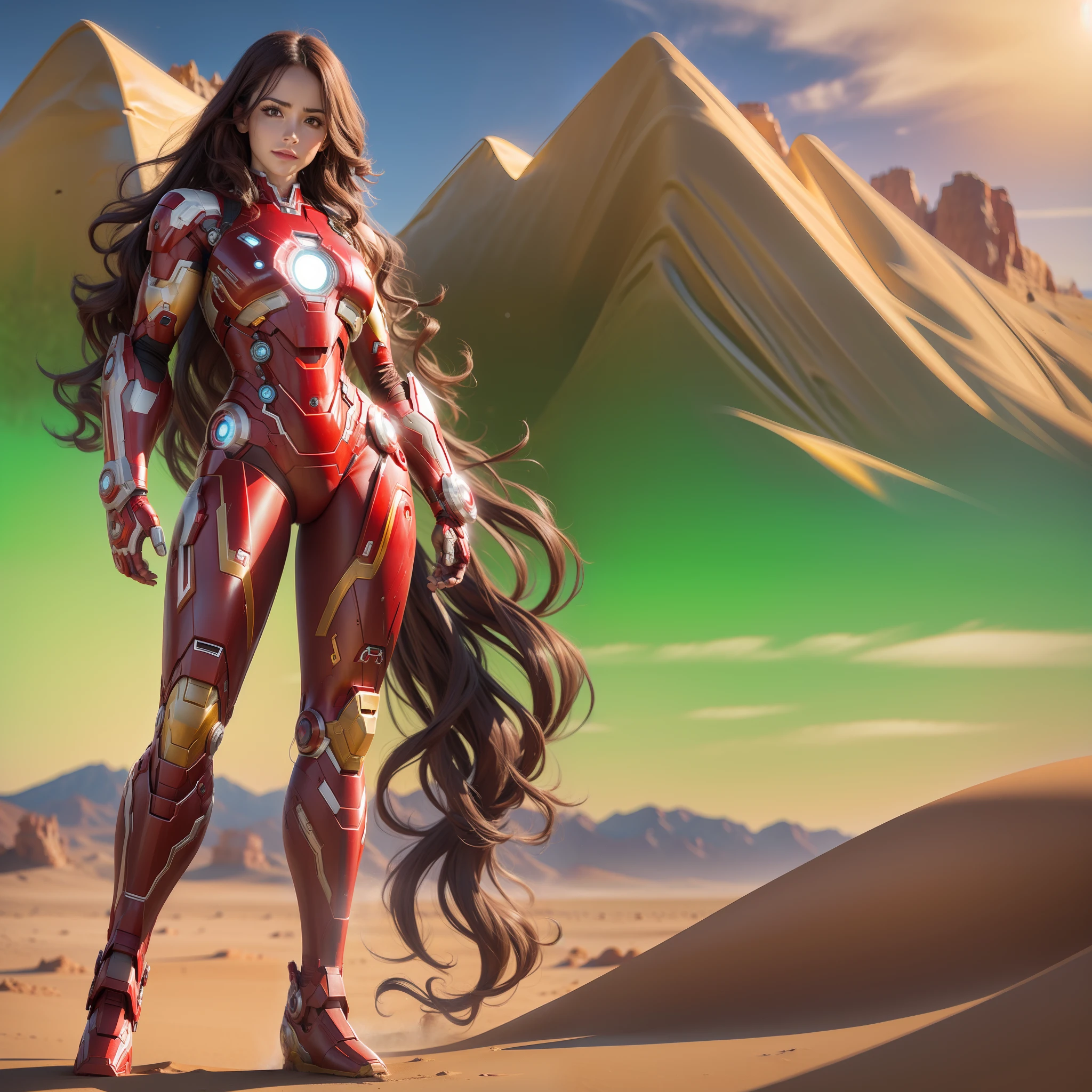 Masterpiece, woman with iron man costume, full body, muscles, long wavy hair, desert background