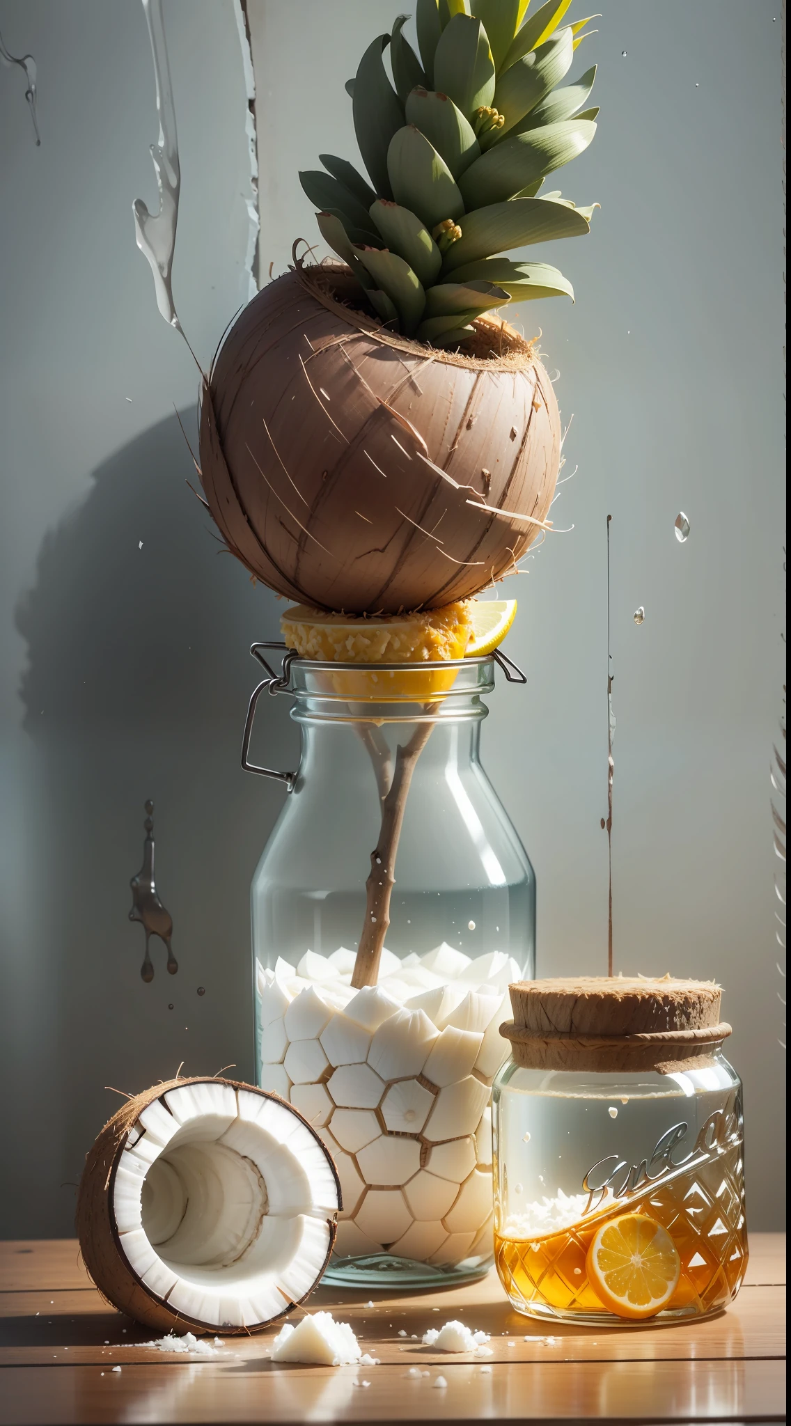 Image - An image of an open coconut, showing the fresh, white pulp, next to a jar of honey. --auto --s2