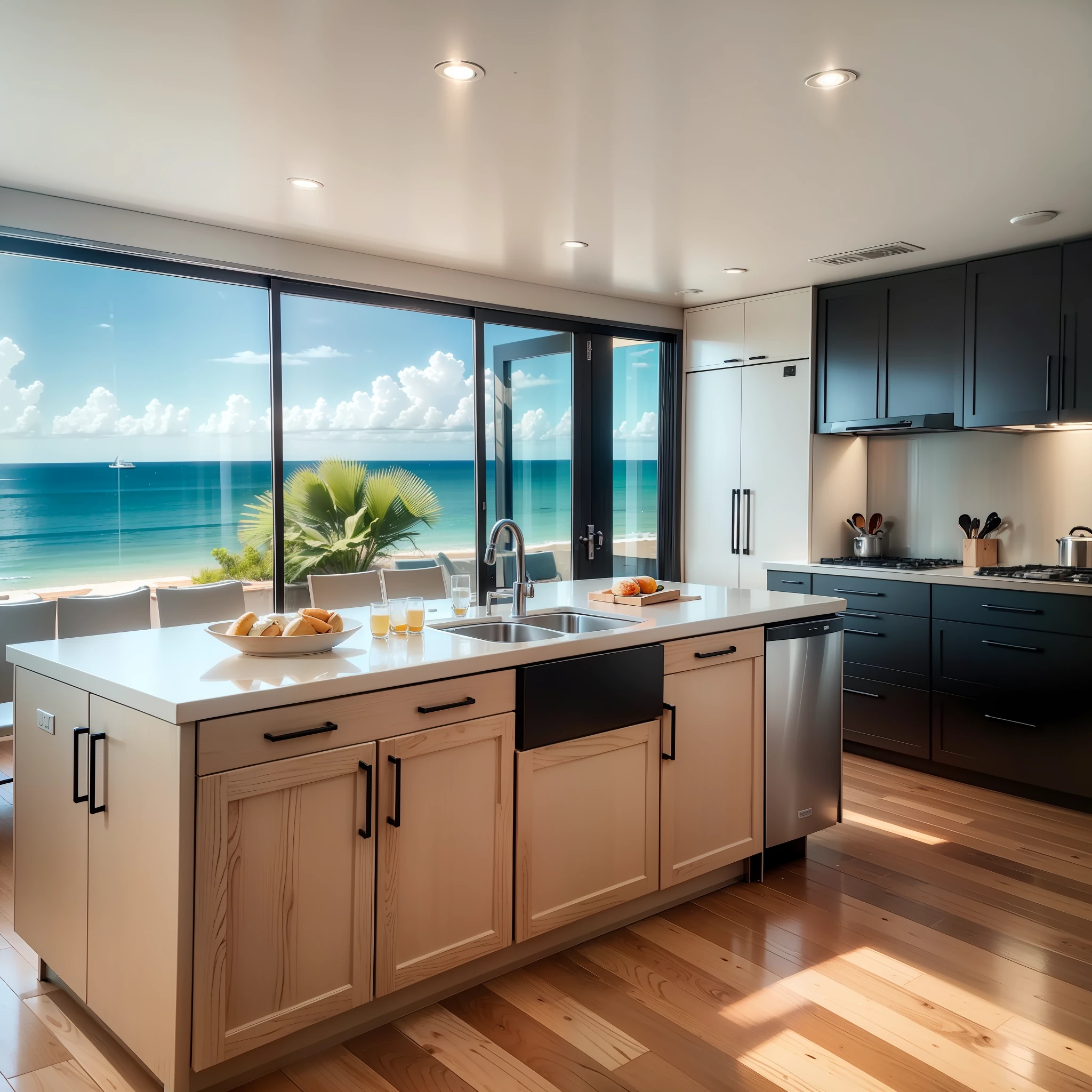 Internal view of a kitchen, sink, stainless steel refrigerator, black furniture, a window overlooking the sea, breakfast table, an island counter an access door to the wooden deck, realistic, 8K, --auto --s2