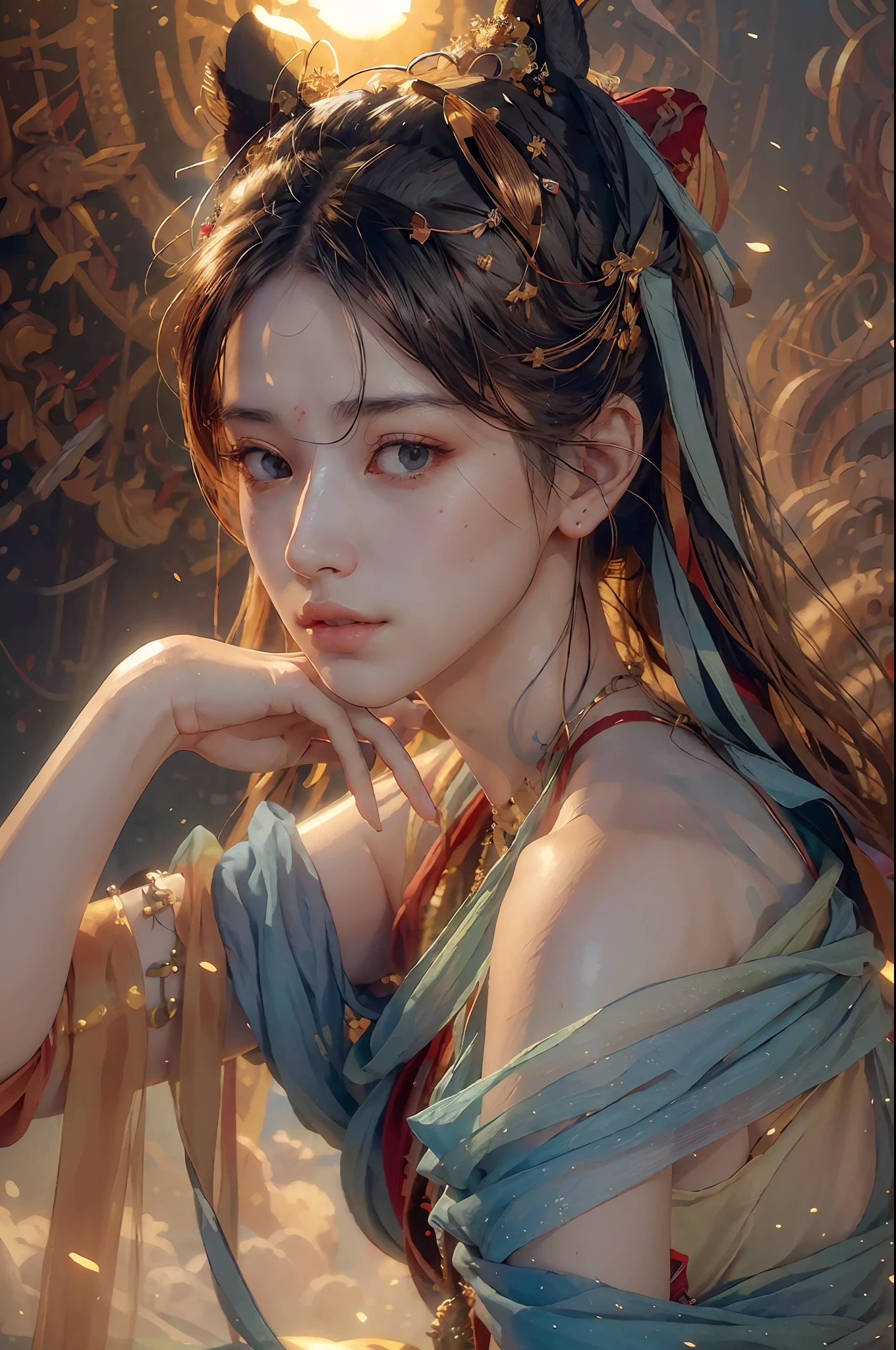 (RAW photo, best quality), (realistic, photo-realistic:1.3),best quality,highly detailed,masterpiece,ultra-detailed,illustration,1girl,upper_body,dynamic angle,world masterpiece theater,messy_long_hair,best quality,extremely detailed CG unity 8k wallpaper,ink,Amazing,cinematic lighting,lens_flare,,dunhuang_style