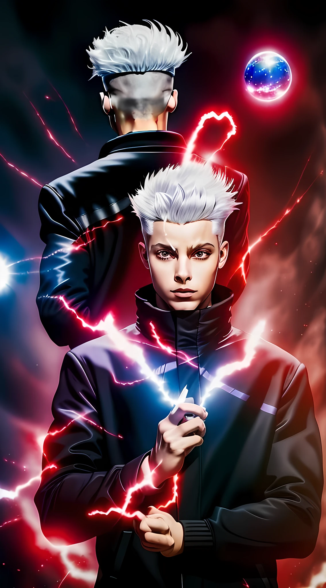 best quality, masterpiece, highres, 1boy, male, solo, upper body, , black jacket, using your powers, white hair, full body, sending a ball of red and blue energy, (perfect anatomy), (perfect eyes)