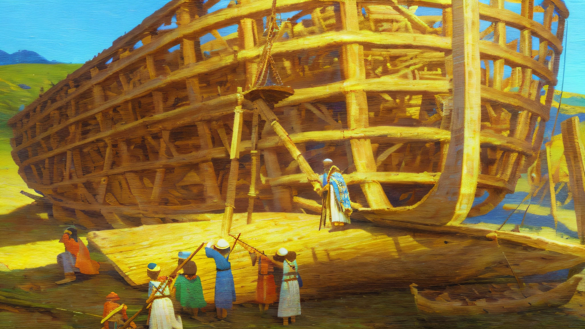 Photo Raw, (realistic), (masterpiece), (best quality), [(intricate details)] there is a wooden skeleton of Noah's ark boat, There is a male man, Noah with a staff [(high details)], (skin high details), [(hands high details)], epic biblical representation, 8k, UHD, cinematic lighting, --s2
