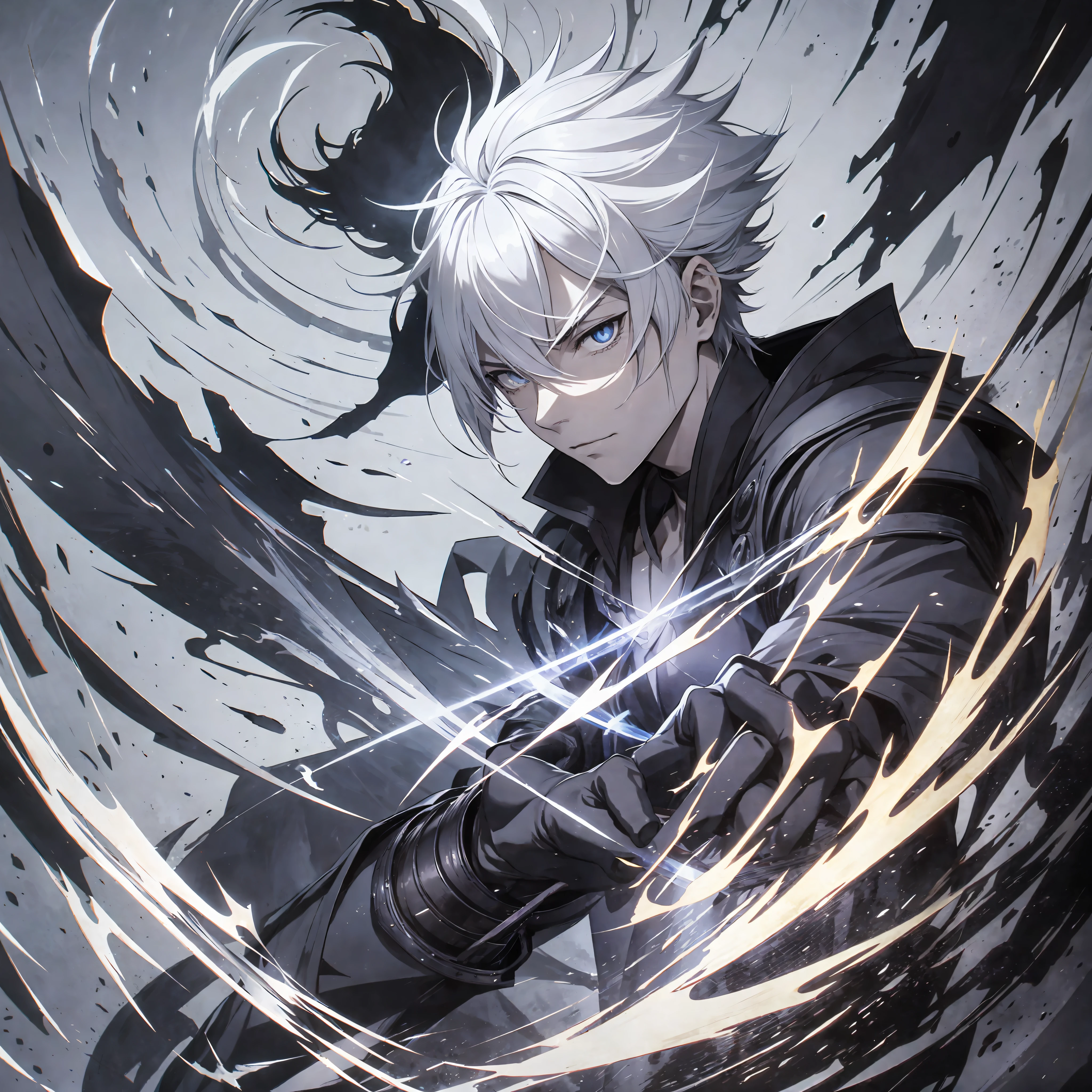 Male character, anime manga, webtoon, zed legue of legends character, white hair, short hair, shadow powers, wielding daggers made of shadows, shadow powers, fighting in a lunar environment, living shadows, dynamic pose, surrounded by black shadows, oni spectre, masterpiece, anime art, surrounded by menacing dark powers, surrounded by black fire, dominant atmosphere generator,  Deep and wide darkness, cinematic texture, grayscale light --auto --s2
