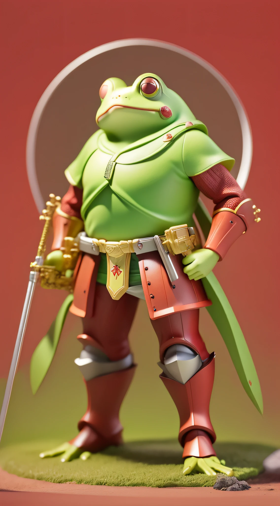 A frog, holding a Gatling in his hand, wearing red armor, majestic,