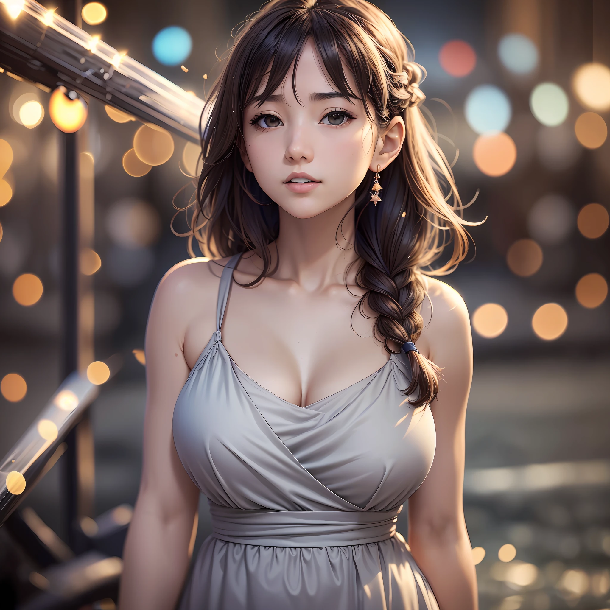 Evening: 1.7), Japan, Tokyo, seaside, beach, sea breeze, bare_shoulders, collarbone, sleeveless, Grey_dress, brown_eyes, brown_hair, braid, 1 girl, 20 years old, mature female, beautiful fingers, beautiful long legs, beautiful body, beautiful nose, beautiful character design, perfect eyes, perfect face, look up, NSFW, official art, extremely detailed CG Unity 8k wallpaper, perfect lighting, colorful, Bright_Front_face_Lighting, (masterpiece:1.0), (best_quality:1.0), ultra high resolution, 4K, super detail, photography, 8K, HDR, high resolution, absurd:1.2, kodak portella 400, film grain, background blur, bokeh:1.2, lens flare, (vibrant_color:1.2) (beautiful, large_Breasts:1.4), (beautiful_face:1.5),(narrow_waist), --auto --s2
