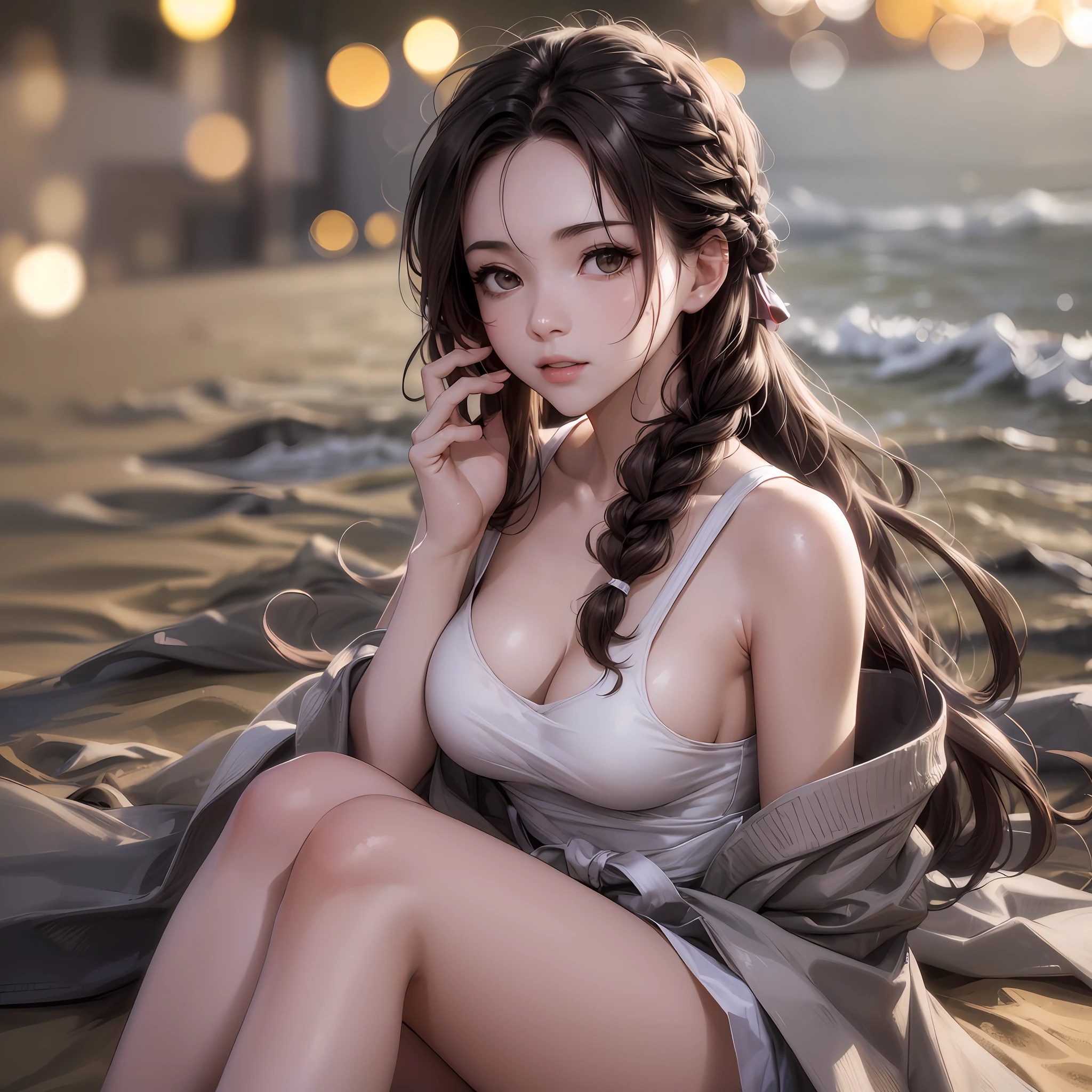 Evening: 1.7), Japan, Tokyo, seaside, beach, sitting on sand, bare_shoulders, collarbone, sleeveless, Grey_dress, brown_eyes, brown_hair, braid, 1 girl, 20 years old, female, beautiful fingers, beautiful long legs, beautiful body, beautiful nose, beautiful character design, perfect eyes, perfect face, look up, NSFW, official art, extremely detailed CG Unity 8k wallpaper, perfect lighting, colorful, Bright_Front_face_Lighting, (masterpiece:1.0), (best_quality:1.0), ultra high resolution, 4K, super detail, photography, 8K, HDR, high resolution, absurd:1.2, kodak portella 400, film grain, background blur, bokeh:1.2, lens flare, (vibrant_color:1.2) (beautiful, large_Breast (beautiful_face:1.5),(narrow_waist), --auto --s2