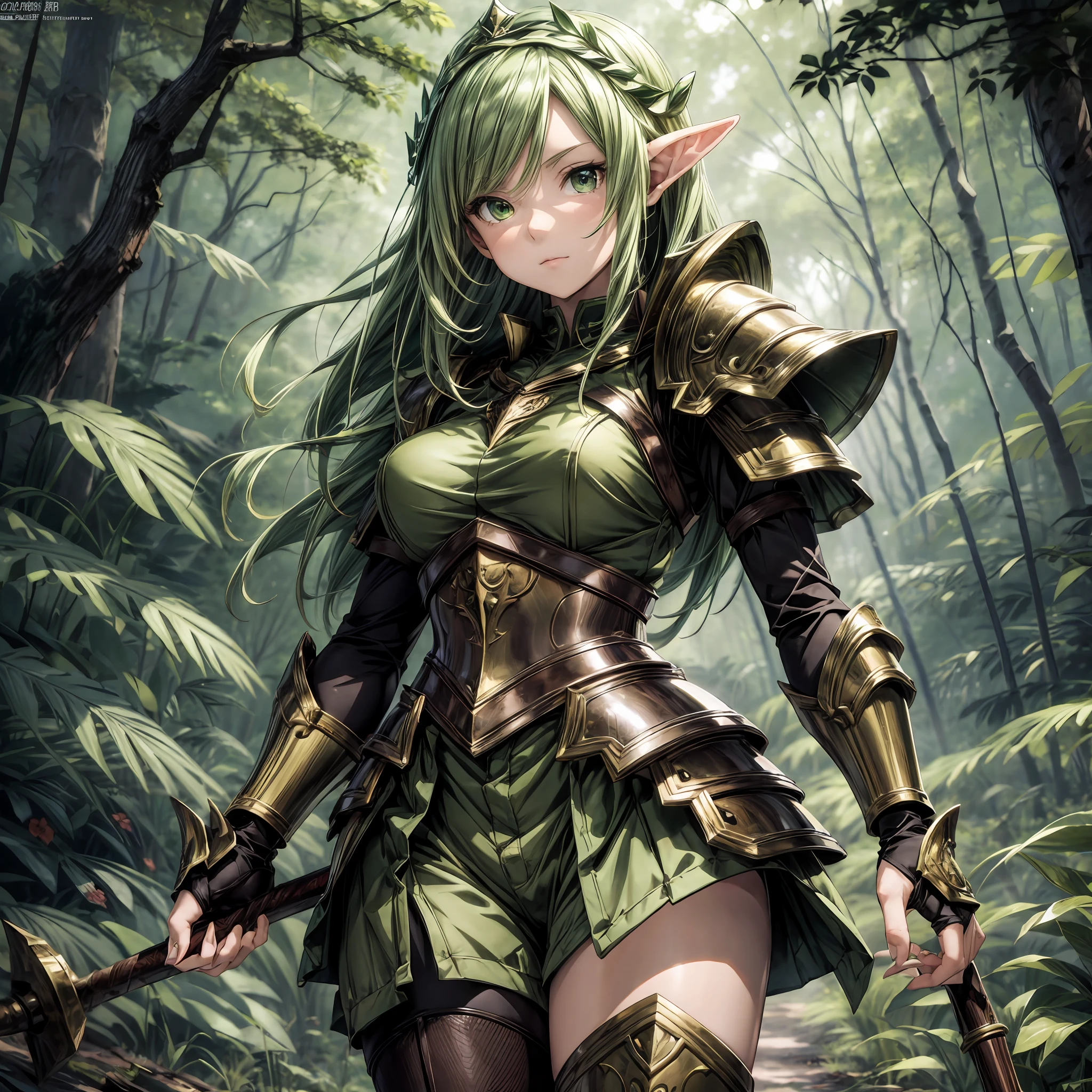 anime style, elven girl, (bright green eyes), brown shorts, walking through the forest, at night, dark forest, (armor on the shoulders), 8k, (masterpiece), high quality, high definition, ((((nice hands)))