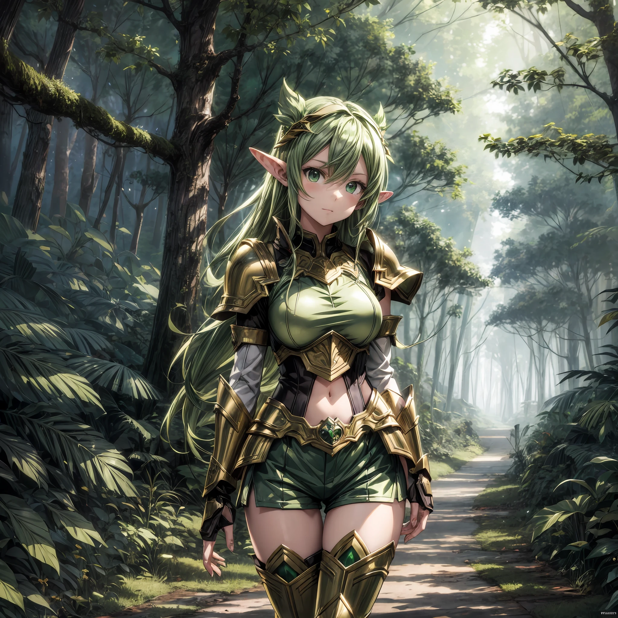 anime style, elven girl, (bright green eyes), brown shorts, walking through the forest, at night, dark forest, (armor on the shoulders), 8k, (masterpiece), high quality, high definition, ((((nice hands)))