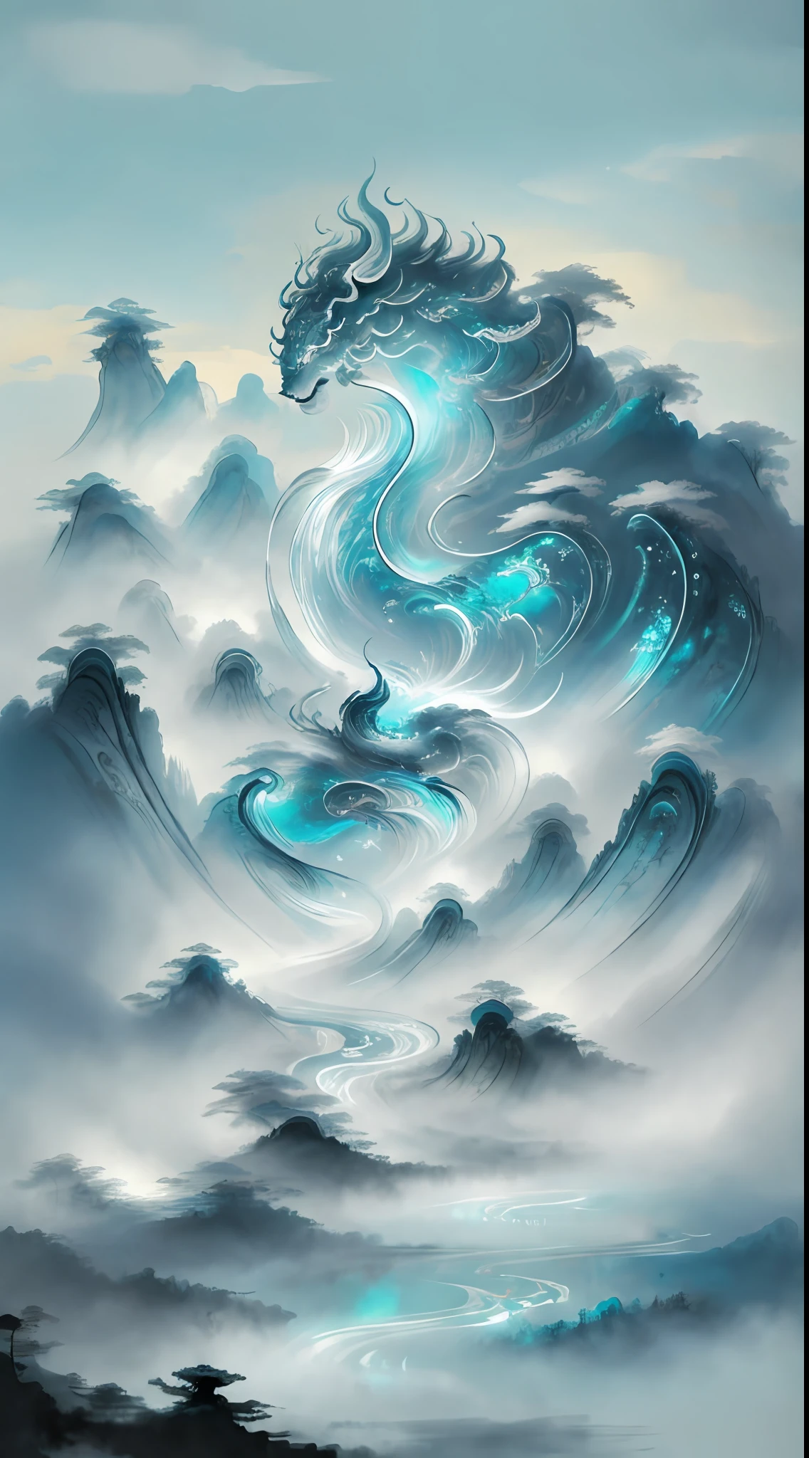 (high quality), epic, (glow: 1.3), ink painting, mythical creatures, dreamy clouds, turquoise mist, blizzard, (close-up: 1.2), (monster: 0.5), (mengji:1.5), beautiful eyes, mountain spring waterfall