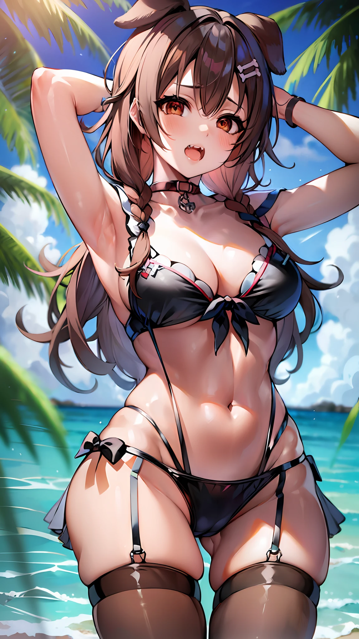 masterpiece, best quality, high resolution, ik4, animal ears, swimsuit, hair clip, fangs, wariza, beach
, Beautiful woman wearing black lingerie, pantyhose, sexy looking detailed body