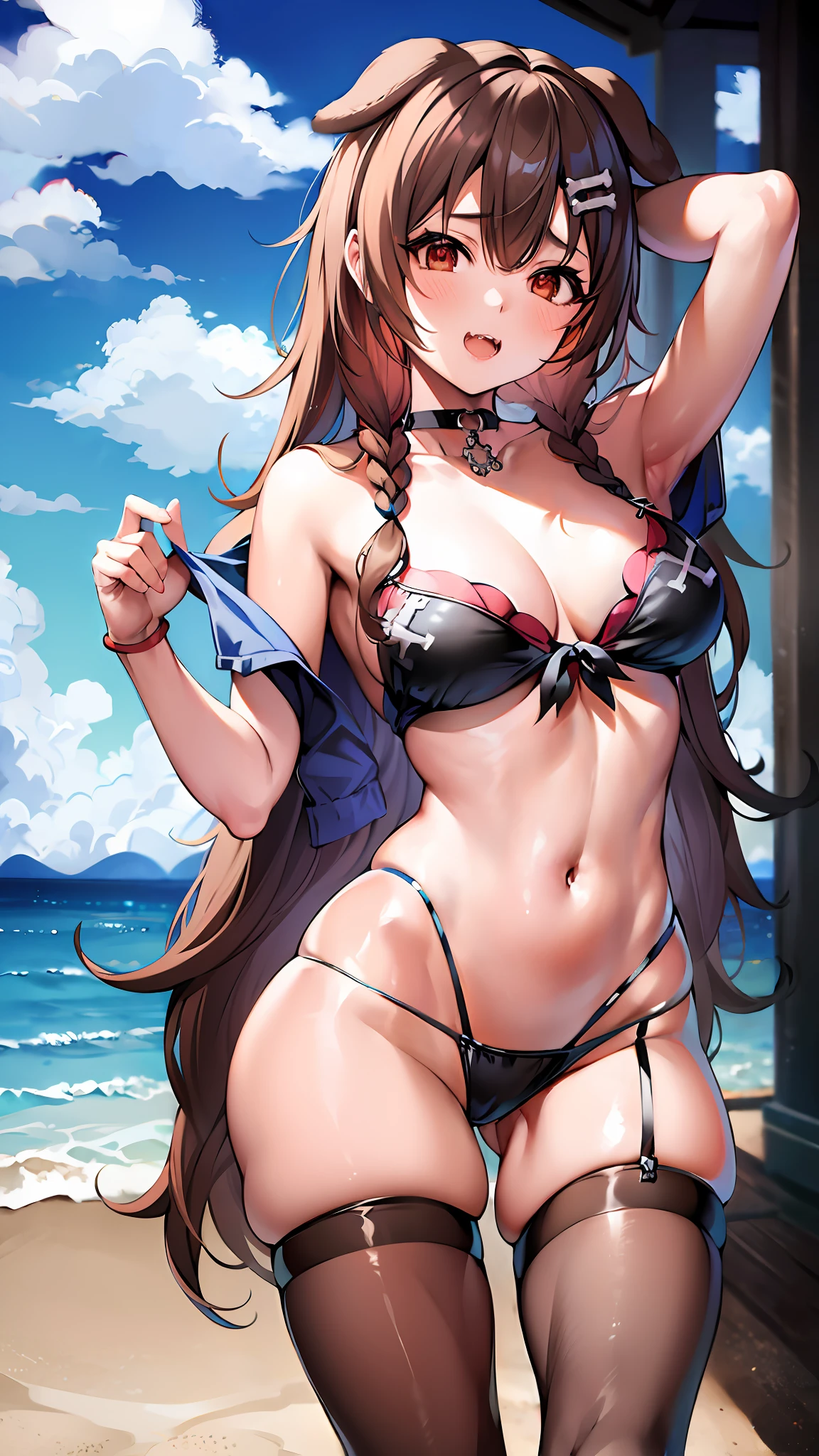 masterpiece, best quality, high resolution, ik4, animal ears, swimsuit, hair clip, fangs, wariza, beach
, Beautiful woman wearing black lingerie, pantyhose, sexy looking detailed body