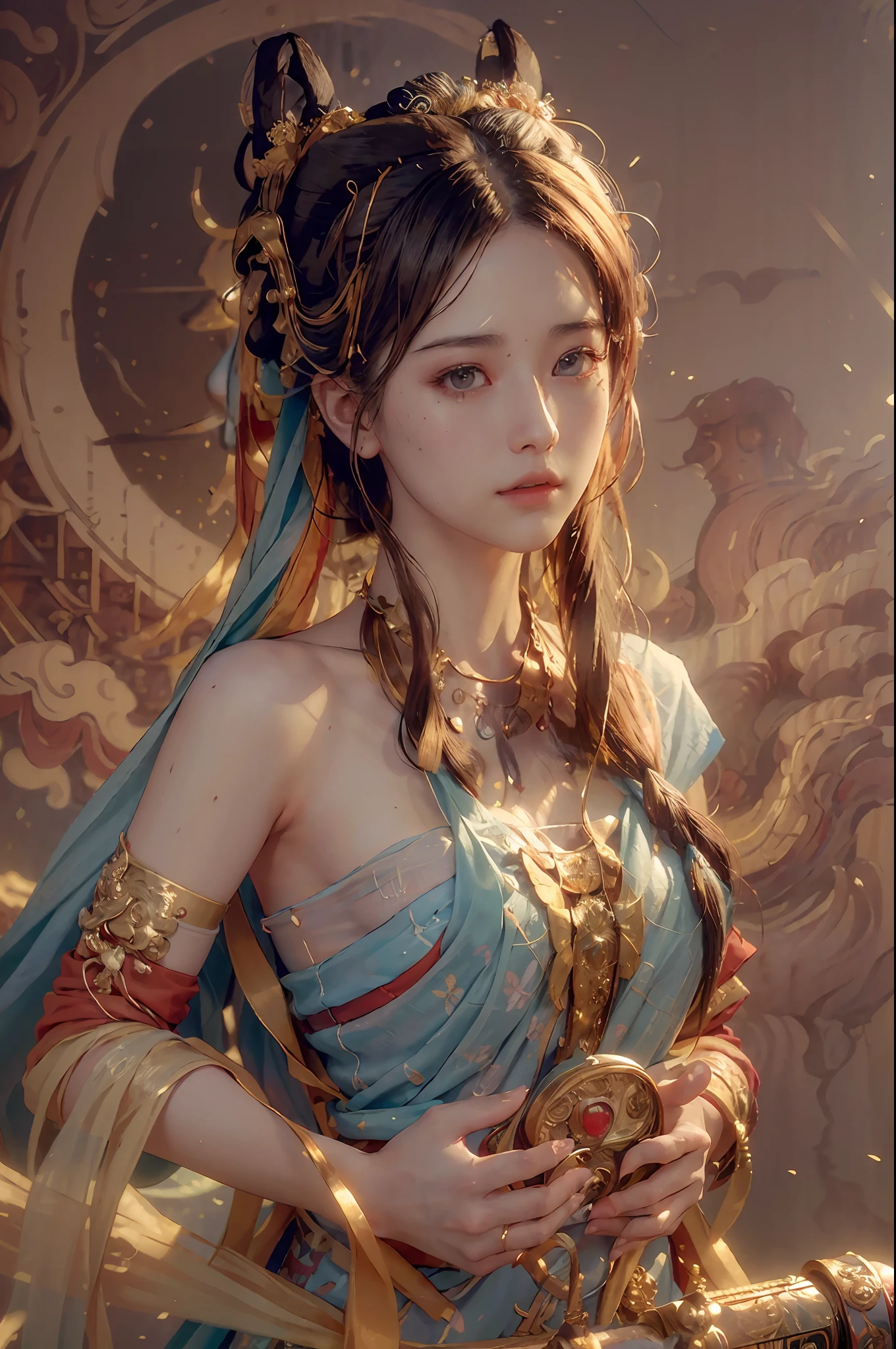 (RAW photo, best quality), (realistic, photo-realistic:1.3),best quality,highly detailed,masterpiece,ultra-detailed,illustration,1girl,upper_body,dynamic angle,world masterpiece theater,messy_long_hair,best quality,extremely detailed CG unity 8k wallpaper,ink,Amazing,cinematic lighting,lens_flare,,dunhuang_style