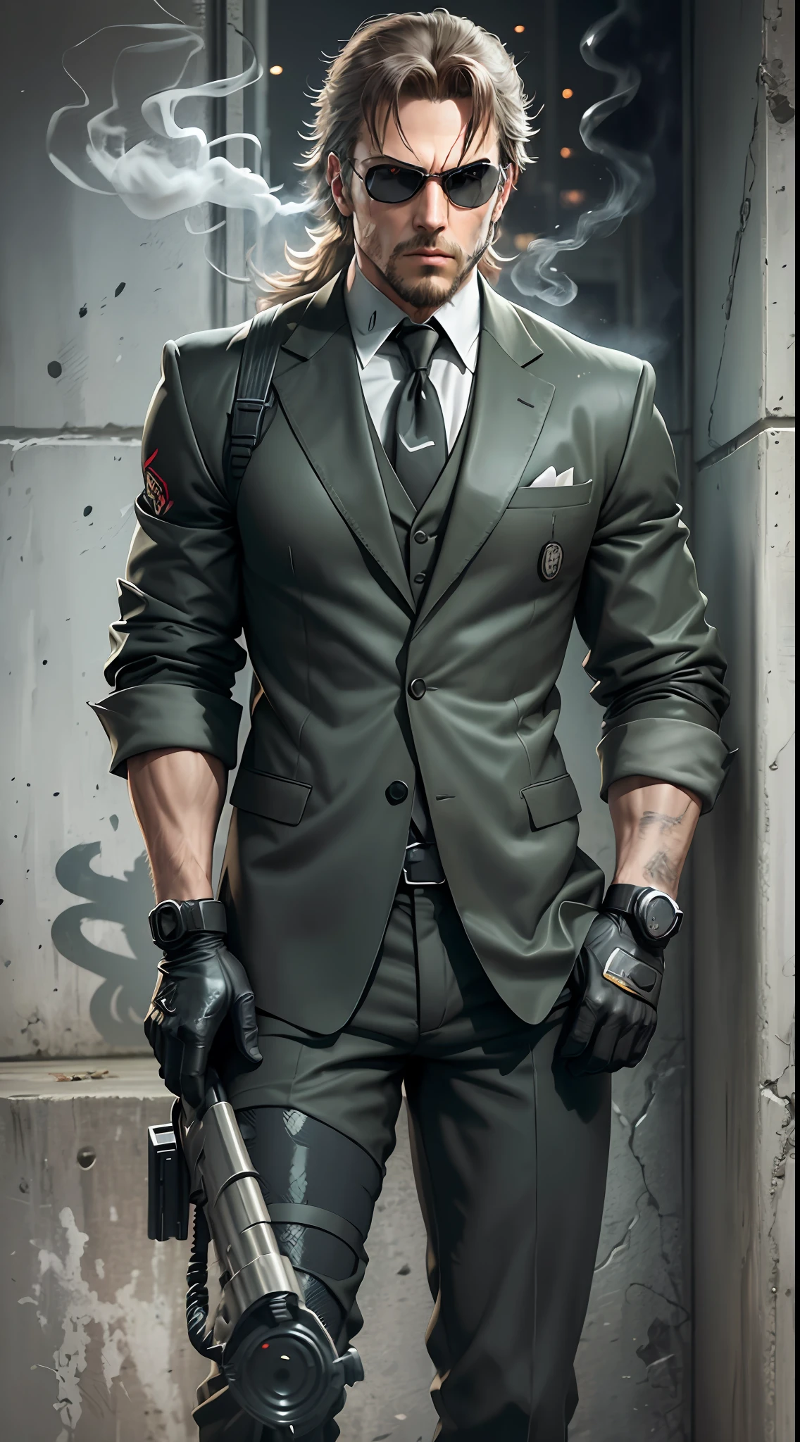 metal gear,metal gear solid,solid snake,metal gear solid solid snake,art hyperrealism,dark,dark background,suit,business suit,smokie,tuxedo,smoking a cigarette,wearing gloves,blood on face,snake,hyperrealistic --auto --s2