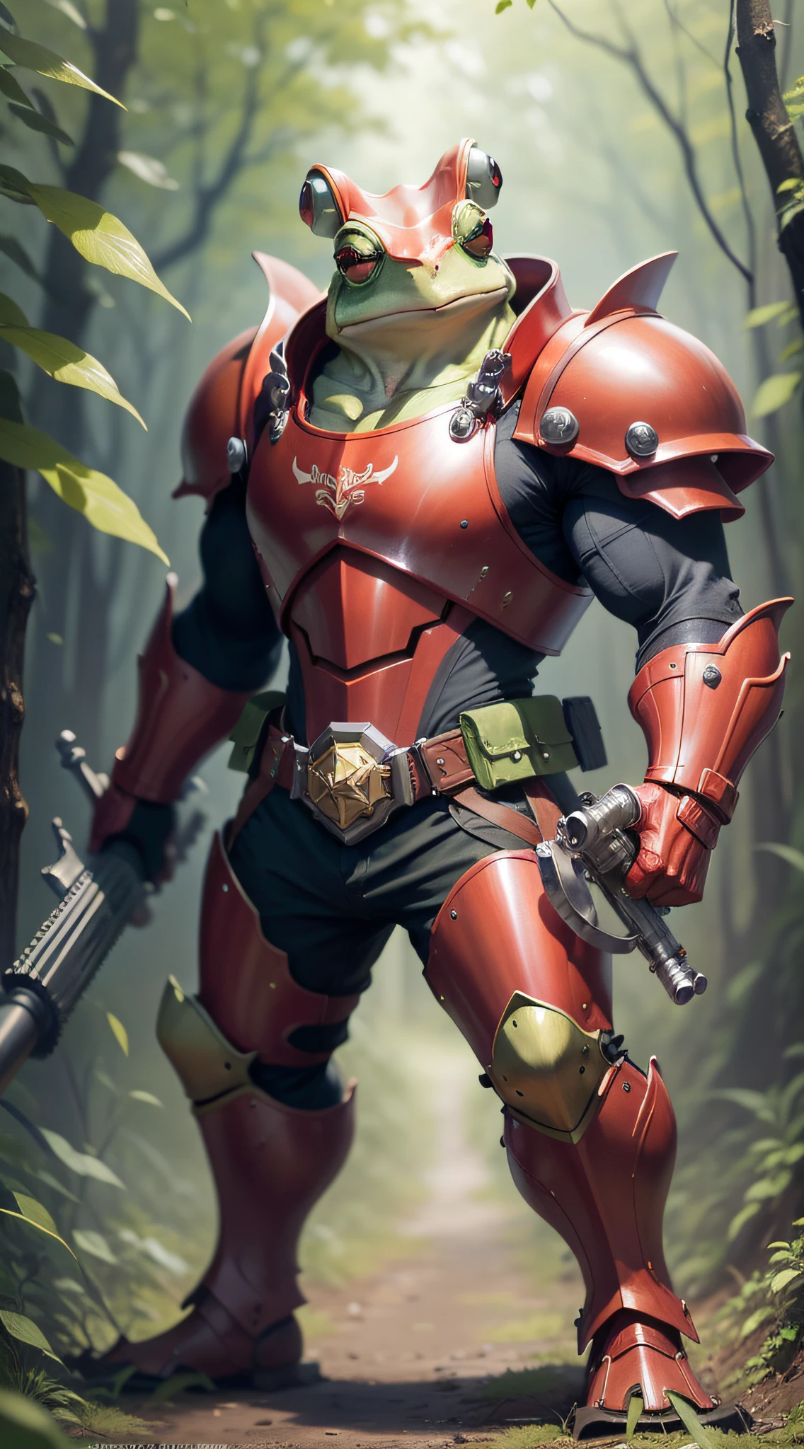 A frog, holding a Gatling in his hand, wearing red armor, majestic,