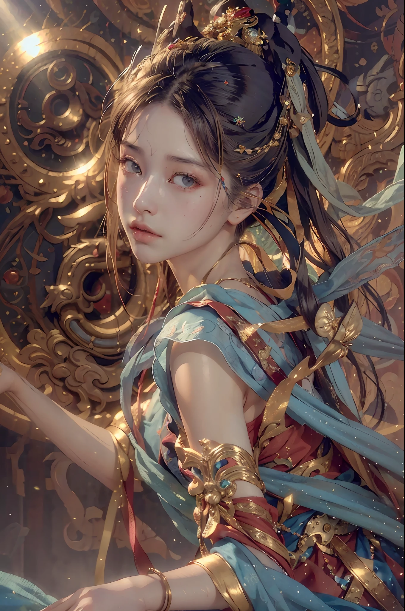 (RAW photo, best quality), (realistic, photo-realistic:1.3),best quality,highly detailed,masterpiece,ultra-detailed,illustration,1girl,upper_body,dynamic angle,world masterpiece theater,messy_long_hair,best quality,extremely detailed CG unity 8k wallpaper,ink,Amazing,cinematic lighting,lens_flare,,dunhuang_style