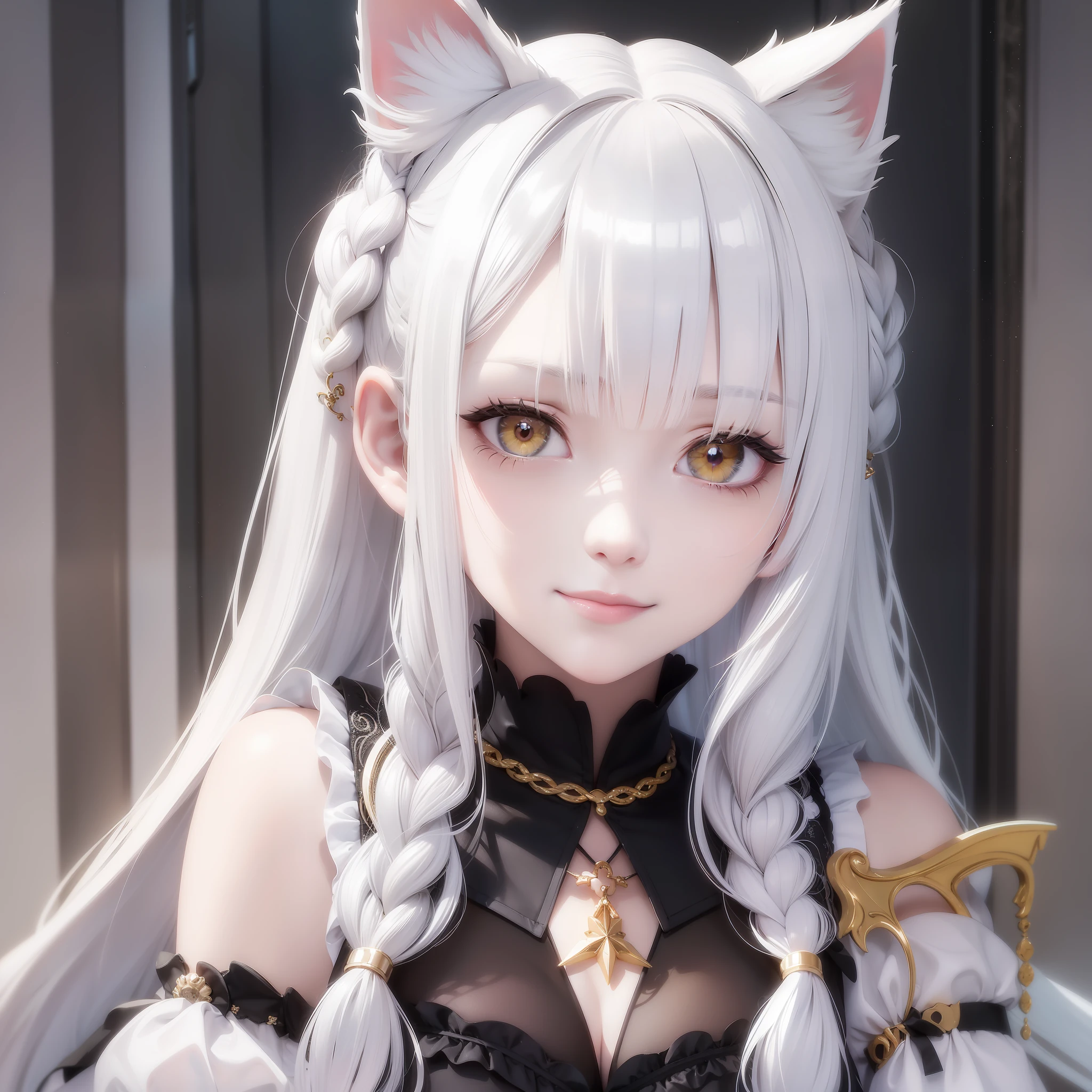 White hair and golden eyes, angel face, side braid cat ears, gothic white clothes, tilted head and smile