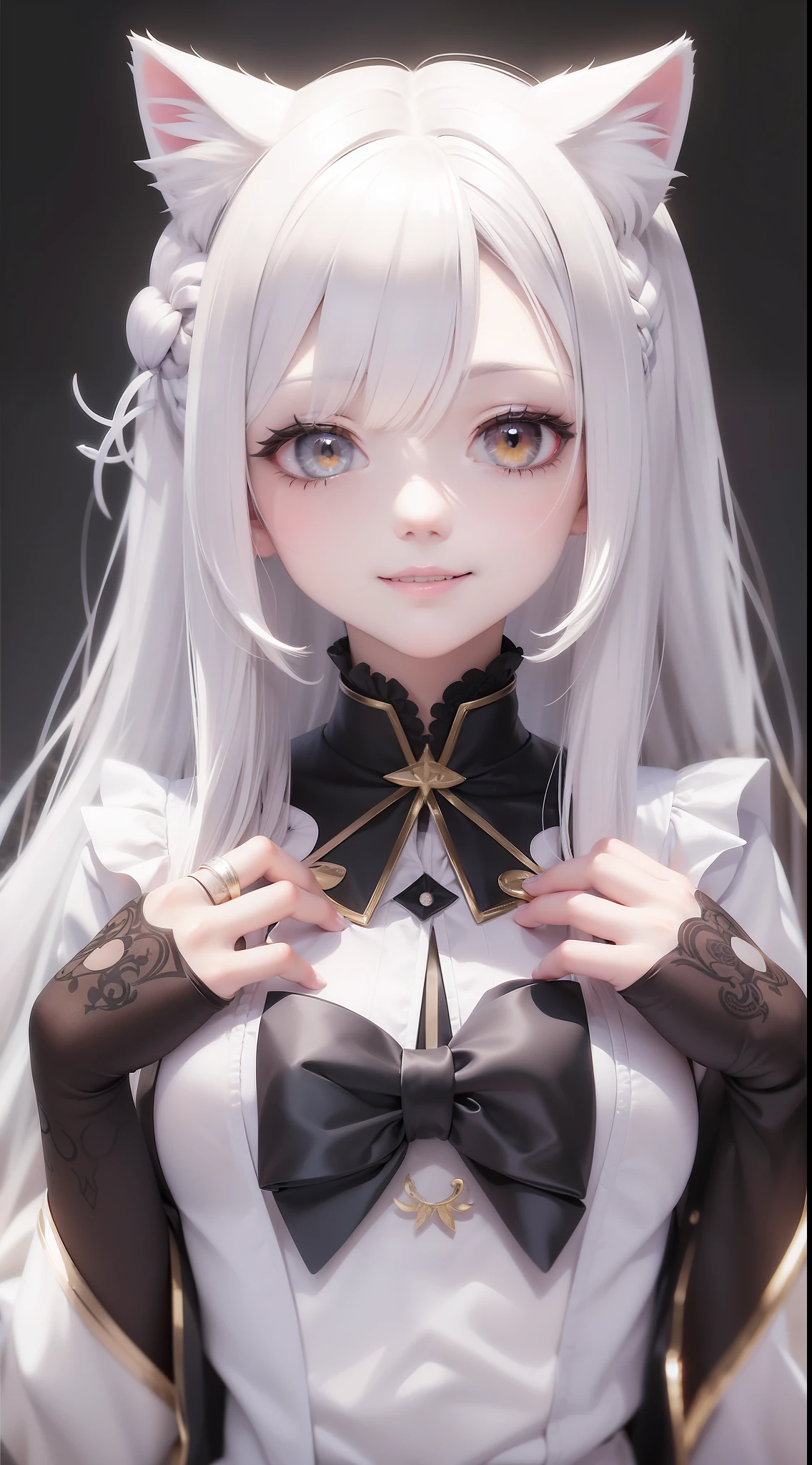 White hair and golden eyes, angel face, side braid cat ears, gothic white clothes, tilted head and smile