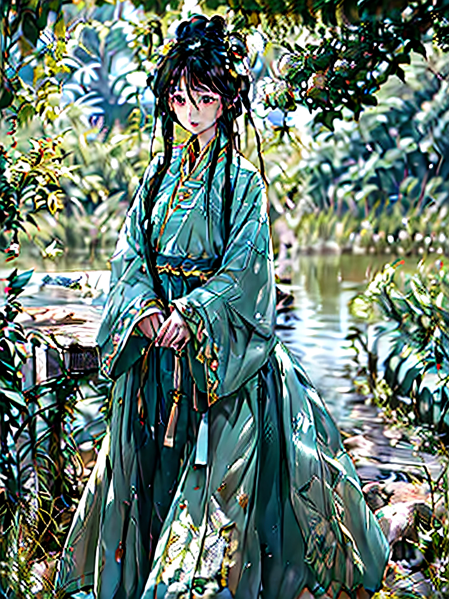 In the Suzhou garden, a long-haired girl dressed in classical Han costume sits in a gazebo, looking at the clear lake.