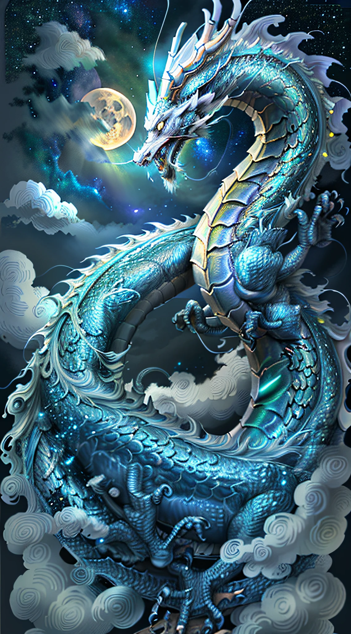 (Ying Dragon God), (Through the Clouds), (Top of the Mountains), (Complex), (Super Detail), (Starry Sky Background), (Stout Limbs), (Moon Night), (Ultra Clear), (Best Quality) --v 6