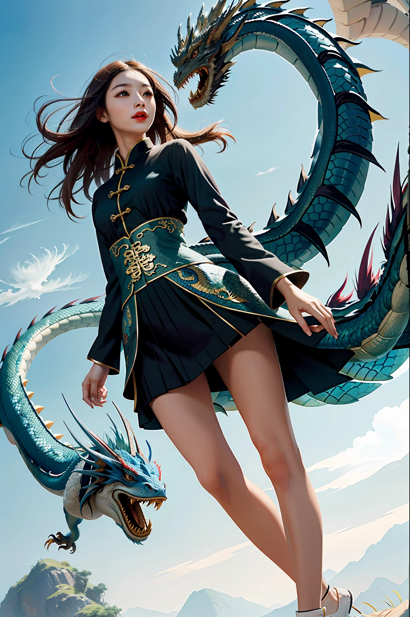 Masterpiece, best quality, a girl makes friends with Chinese dragons, funny, happy, bright, dragon,