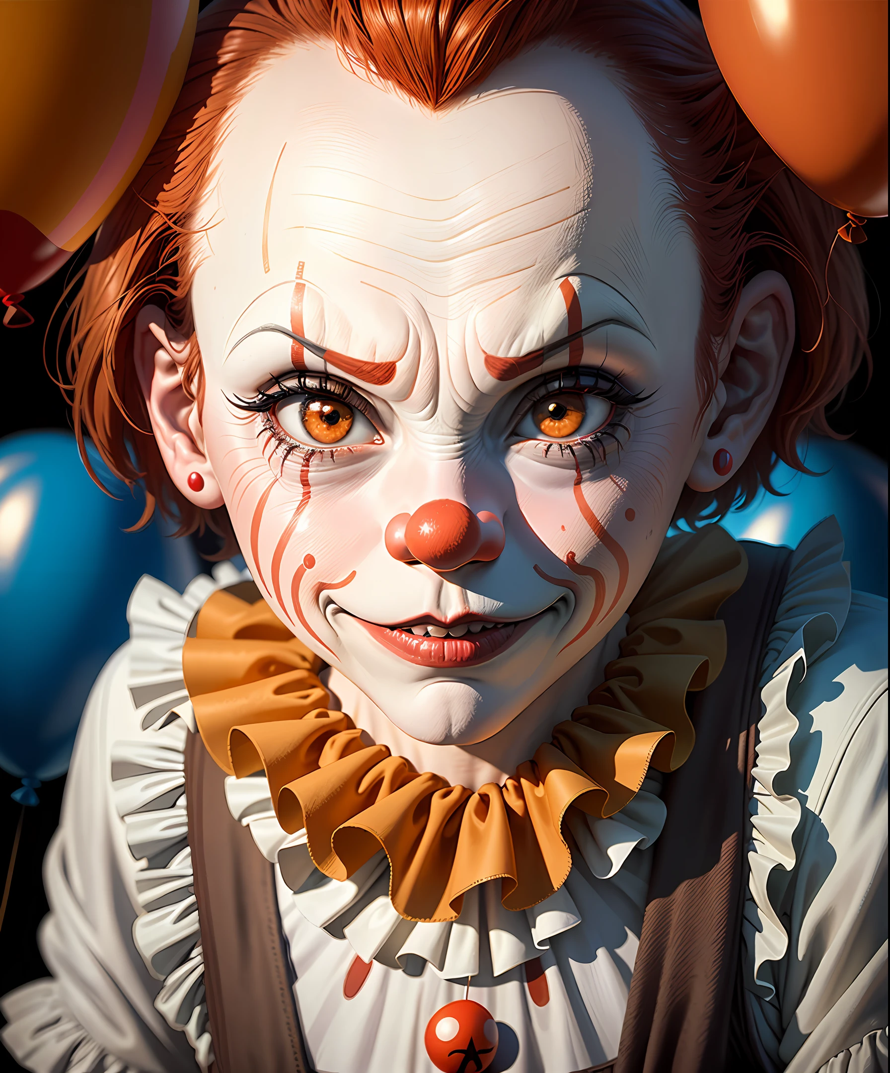 a close up of a clown with balloons in the background, pennywise, stephen king as pennywise, it, pennywise style, scary clown, pennywise theme, elegant horror artwork, by Michael Komarck, scary art in color, pauline hanson as a clown, scary art, daniela uhlig, looks like christina ricci, hyper realism scary