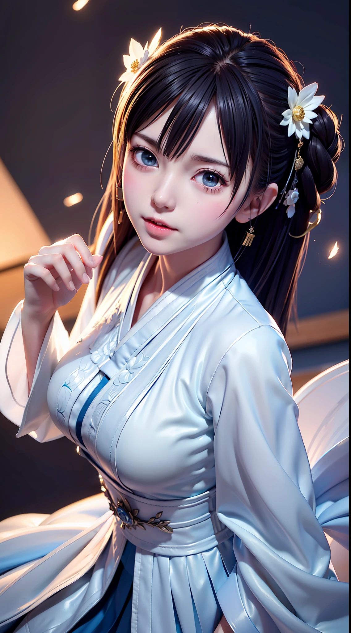 Hanfu, (full body), walking posture, slow motion, women wearing full body multi-layered (heavy robe: 1.2), holding a paper fan in hand, (shy expression), (blush), (blue ice flower dress: 1.2), (very detailed, blooming: 1.5), (highest quality, Alessandro Casagrande, Greg Rutkowski, Sally Mann, concept art, 4k, 8k), (Analog: 1.2), (High Definition), (Detail Pupil: 1.1), (Painting: 1.1), (Digital Painting: 1.1), Detailed Face and Eyes, Masterpiece, Best Quality, (Highly Detailed Photo: 1.1), 8K, Realistic, (Ice Hair Color, Dynamic Hairstyle), (pureerosface_v1:0.1), Jeremy Mann, Sandra Chevrier, Maciej Kuciara, Sharp, (torn body: 1.1), realistic, realistic shadows, (ice background: 1.2), (Michelangelo), ohwx style<lora: (style of ohwx) masterpiece, best quality, (extremely detailed CG unity 8k wallpaper, masterpiece, best quality, ultra-detailed, best shadow), (detailed background), (beautiful detailed face, beautiful detailed eyes), High contrast, (best illumination, an extremely delicate and beautiful), (girl:1.5), ((Not relevant)), ((caustic)), dynamic angle, beautiful detailed glow, (portrait:0.2),dynamic angle, beautiful detailed glow, (portrait:0.2),pigtail,full body,