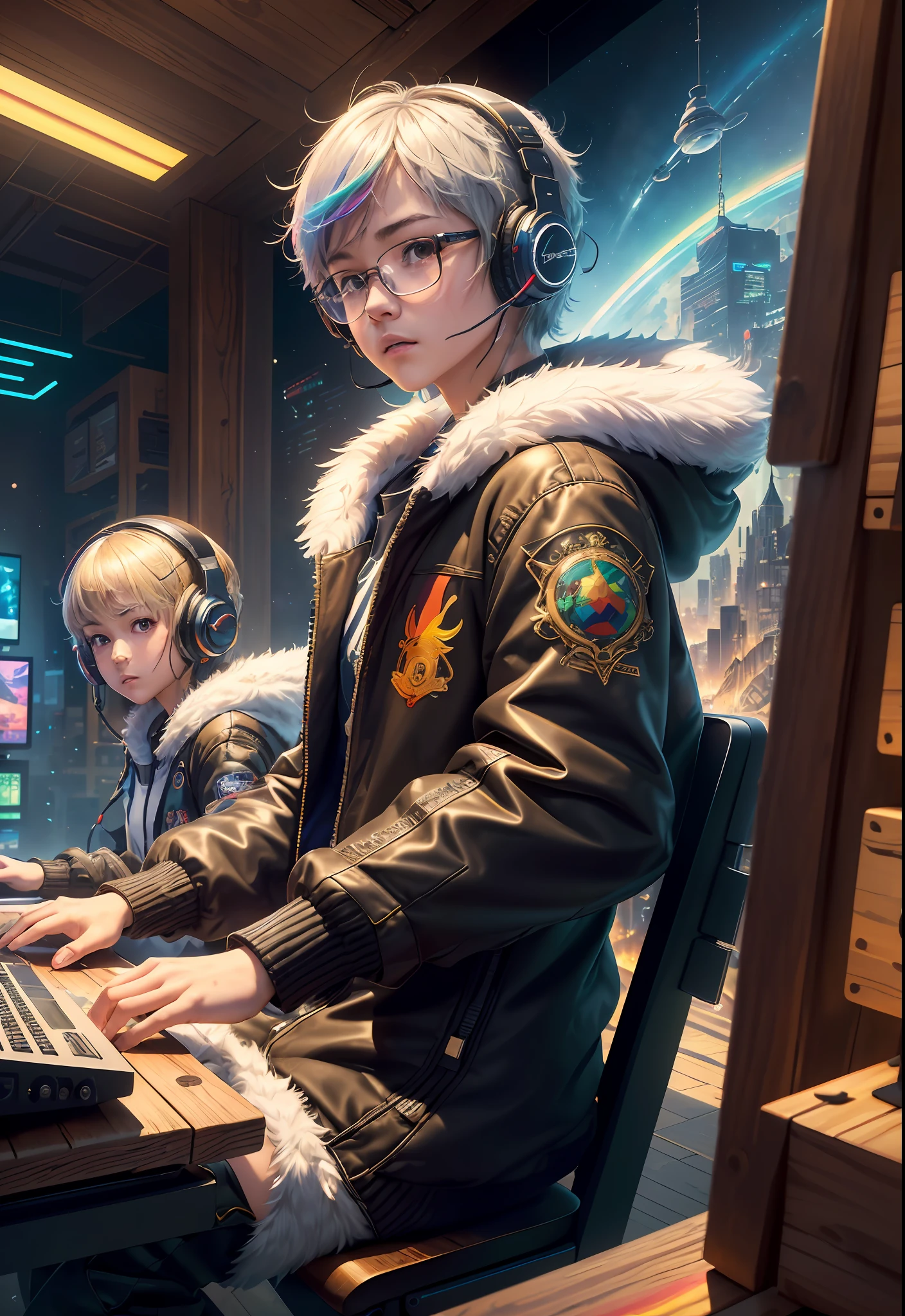 Masterpiece, Best Illustration, Solo, Multiplayer, Handsome Glasses-kun, White-haired Boy, Blonde Girl, Seated, Keyboard \ (Computer \), Fur Decoration, Computer, Monitor, Hood, Jacket, Hood Down (Chair, Headphones, City, Instrument, Cyberpunk, Wooden Toys,\(\(Intricate Details\)\), Color Details, Rainbow Color BREAK, \(\(Best Quality of Masterpiece\)\), 4K, Ultra Detail, Detailed Lighting, \((Inspired by Hayao Miyazaki)\), Official Art, Propaganda art, composition, a giant mirror ball floating in space, twinkling lights, sad lost, particles in the air, intricate fractals, detailed, (illustration), masterpiece, high resolution, best quality. Illuminate people, colorful, master composition, focus on key figures, realism, masterpiece, award-winning, best quality, masterpiece, ultra-detailed, 8K, extremely detailed CG Unity 8k wallpaper, complex, highly detailed, realistic