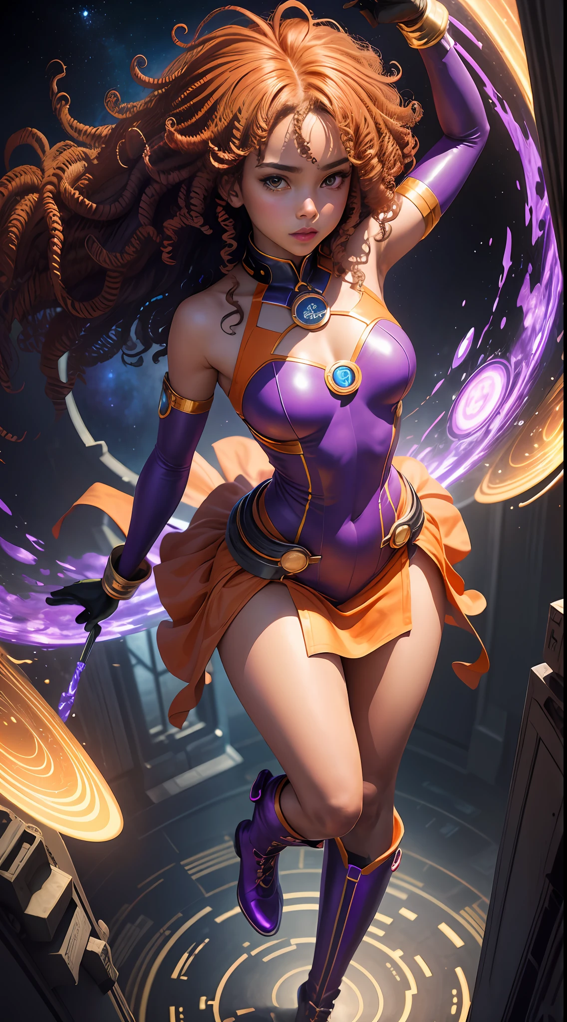 Absurd resolution, high resolution, (masterpiece: 1.4), super detailed, girl one, from above, futuristic, psychic powers, legend, universe, floating, ebony, petite, curly hair, space-time, long boots, purple and orange costume, elbow-length gloves