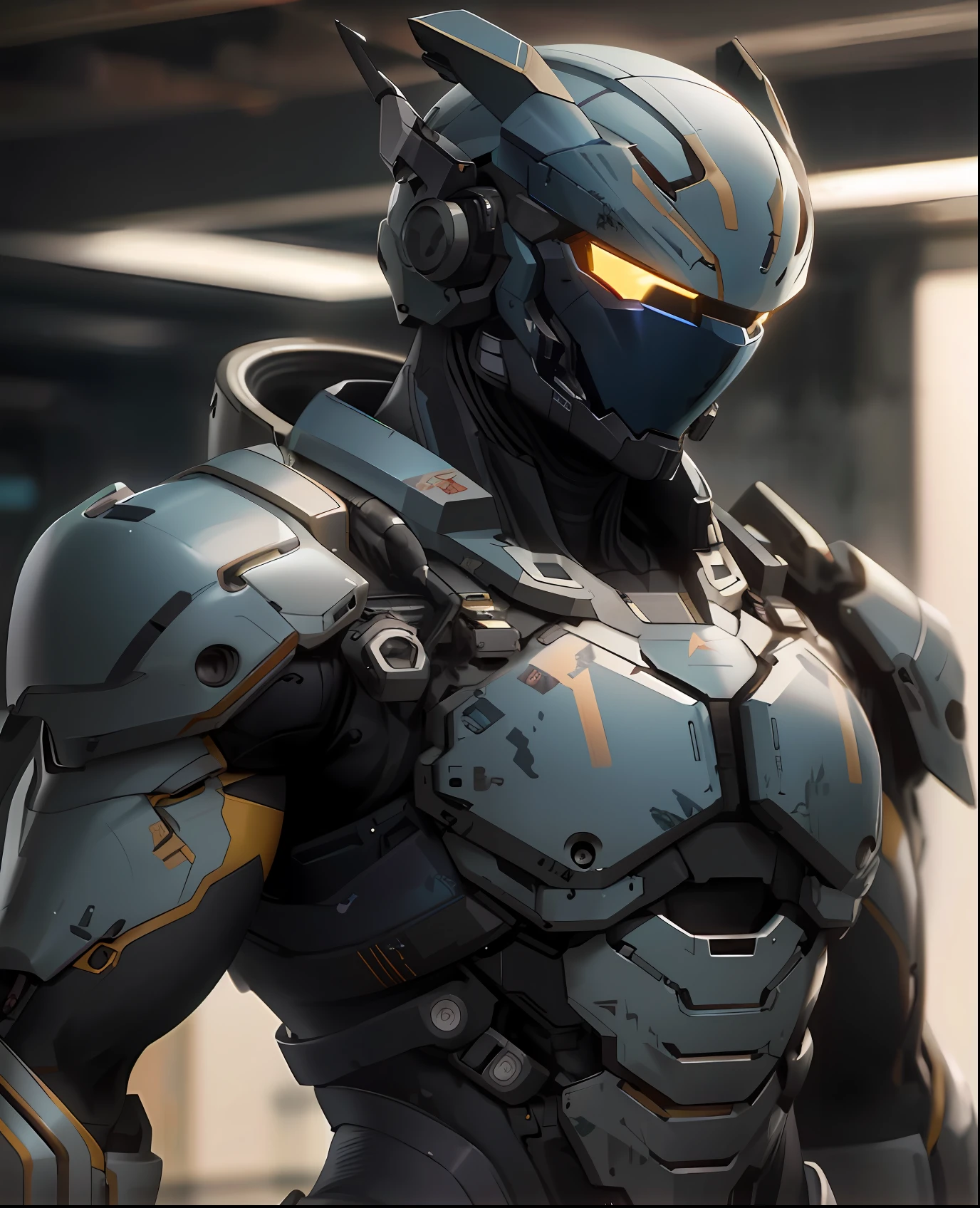 person in a suit with a helmet on, ultra detailed game art, trending on artstation 4k, inspired by Marek Okon, mecha suit, unreal engine character art, trending artstation, cyber suit, trending on artstation hq, hardsurface armour, trending on artstation hd, 4k trending at artstation hq