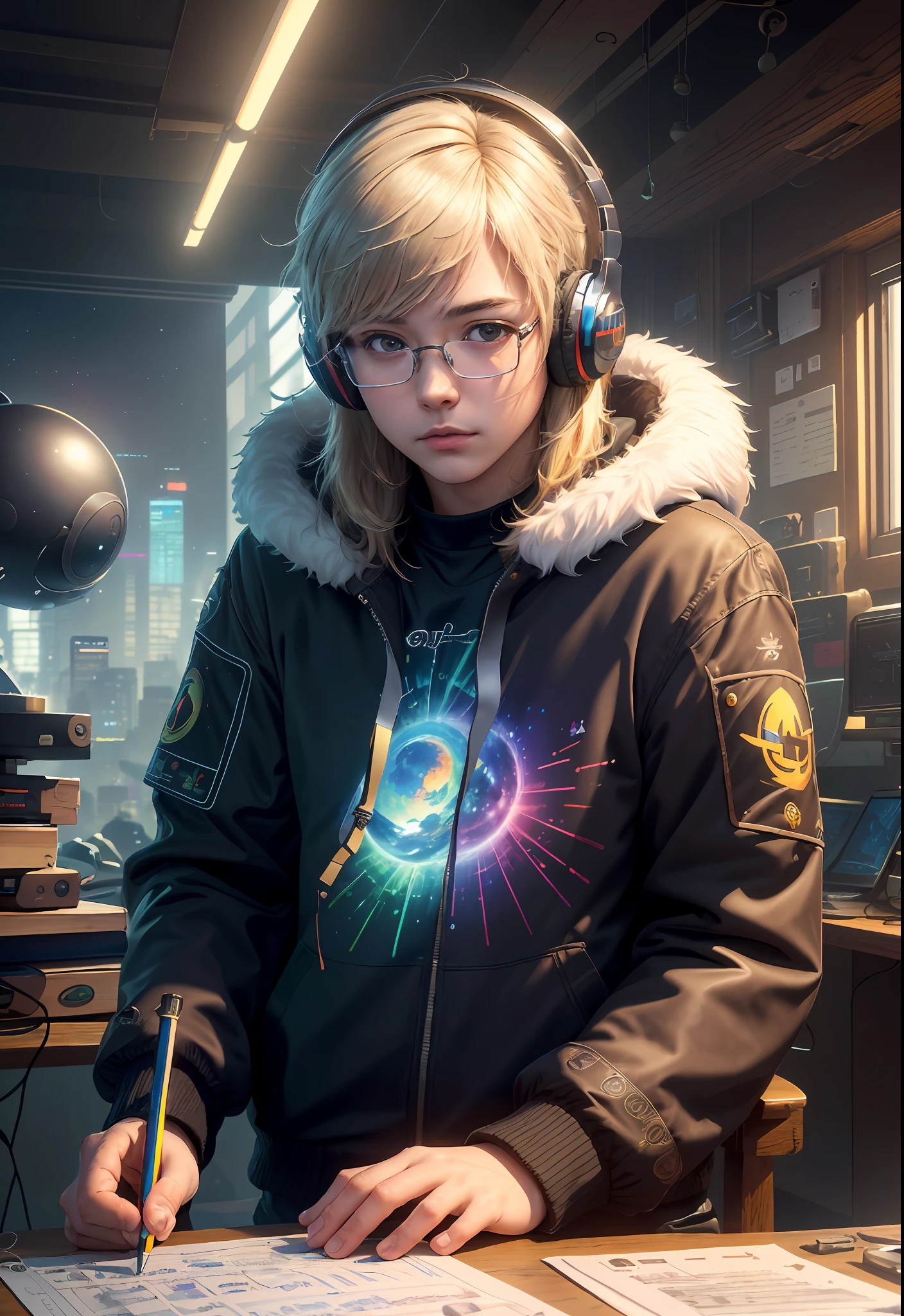 Masterpiece, Best Illustration, Solo, Multiplayer, Handsome Glasses-kun, White-haired Boy, Blonde Girl, Seated, Keyboard \ (Computer \), Fur Decoration, Computer, Monitor, Hood, Jacket, Hood Down (Chair, Headphones, City, Instrument, Cyberpunk, Wooden Toys,\(\(Intricate Details\)\), Color Details, Rainbow Color BREAK, \(\(Best Quality of Masterpiece\)\), 4K, Ultra Detail, Detailed Lighting, \((Inspired by Hayao Miyazaki)\), Official Art, Propaganda art, composition, a giant mirror ball floating in space, twinkling lights, sad lost, particles in the air, intricate fractals, detailed, (illustration), masterpiece, high resolution, best quality. Illuminate people, colorful, master composition, focus on key figures, realism, masterpiece, award-winning, best quality, masterpiece, ultra-detailed, 8K, extremely detailed CG Unity 8k wallpaper, complex, highly detailed, realistic