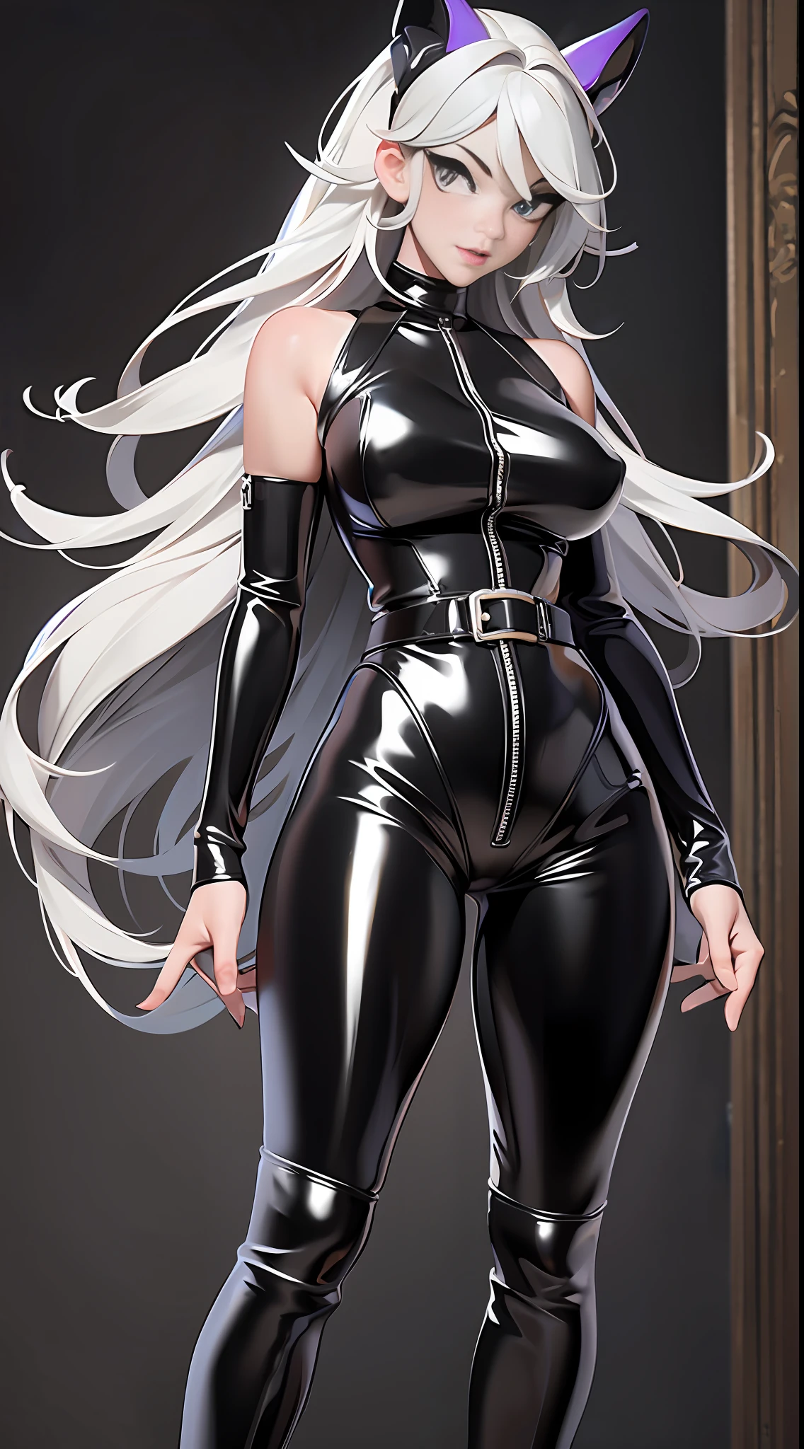 full body picture Unreal Engine 5 8K UHD of beautiful female, black tight latex maid outfit, two leather belts on hip, latex body harness, beautiful make up, best quality, masterpiece