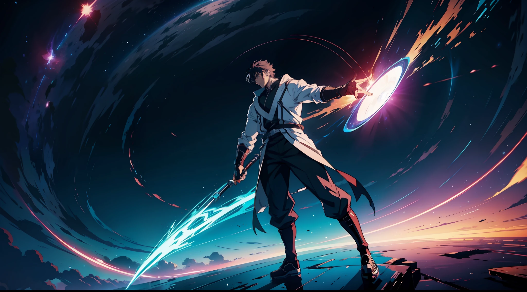 (8K),an epic anime starring a man, with teleportation powers capable of teleporting,(epic animation style),with incredible visual effects