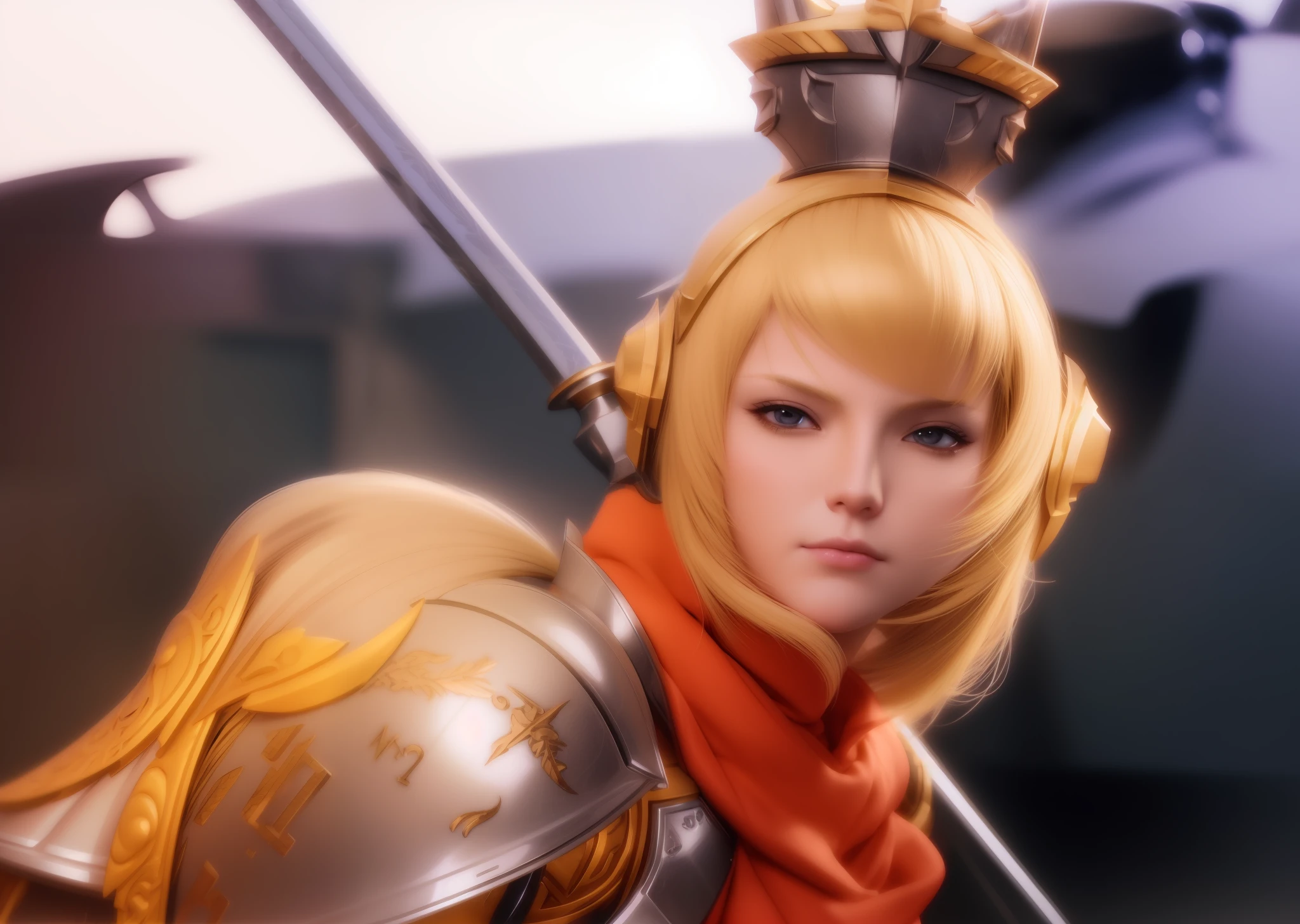 blond woman in armor with sword and helmet posing for picture, artgerm ; 3d unreal engine, portrait knights of zodiac girl, akihiko yoshida. unreal engine, 2. 5 d cgi anime fantasy artwork, 3 d render character art 8 k, portrait knight female, extremely detailed artgerm, detailed digital anime art, armor girl