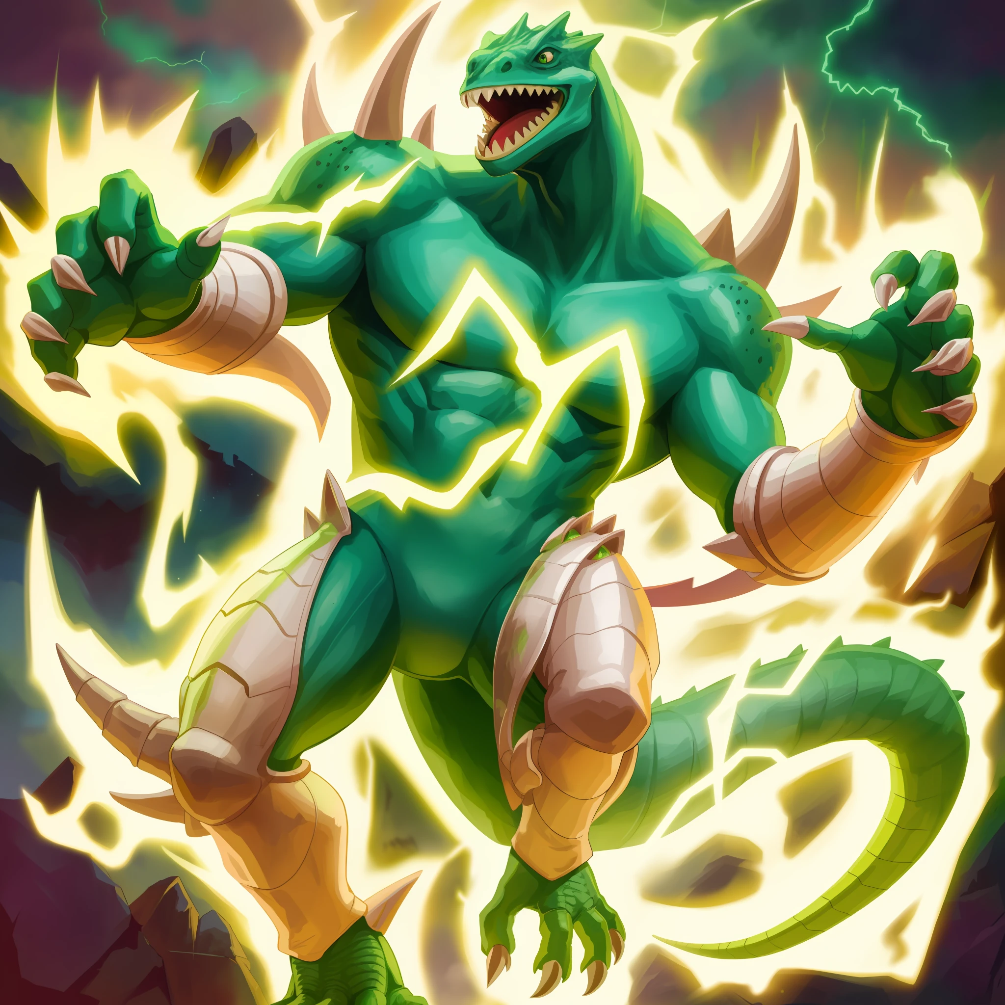 A green lizardman wrapped in lightning. Cute, monster, game illustration