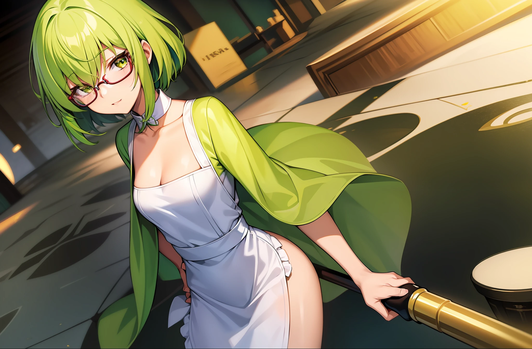 (masterpiece), best quality, ultra high-detailed, 1 girl, solo, straight fingers, shiny skin, short hair, glossy hair, vibrant lime green hair, accent glasses:1.3, elegant maid outfit, seductive pose, standing, small breasts