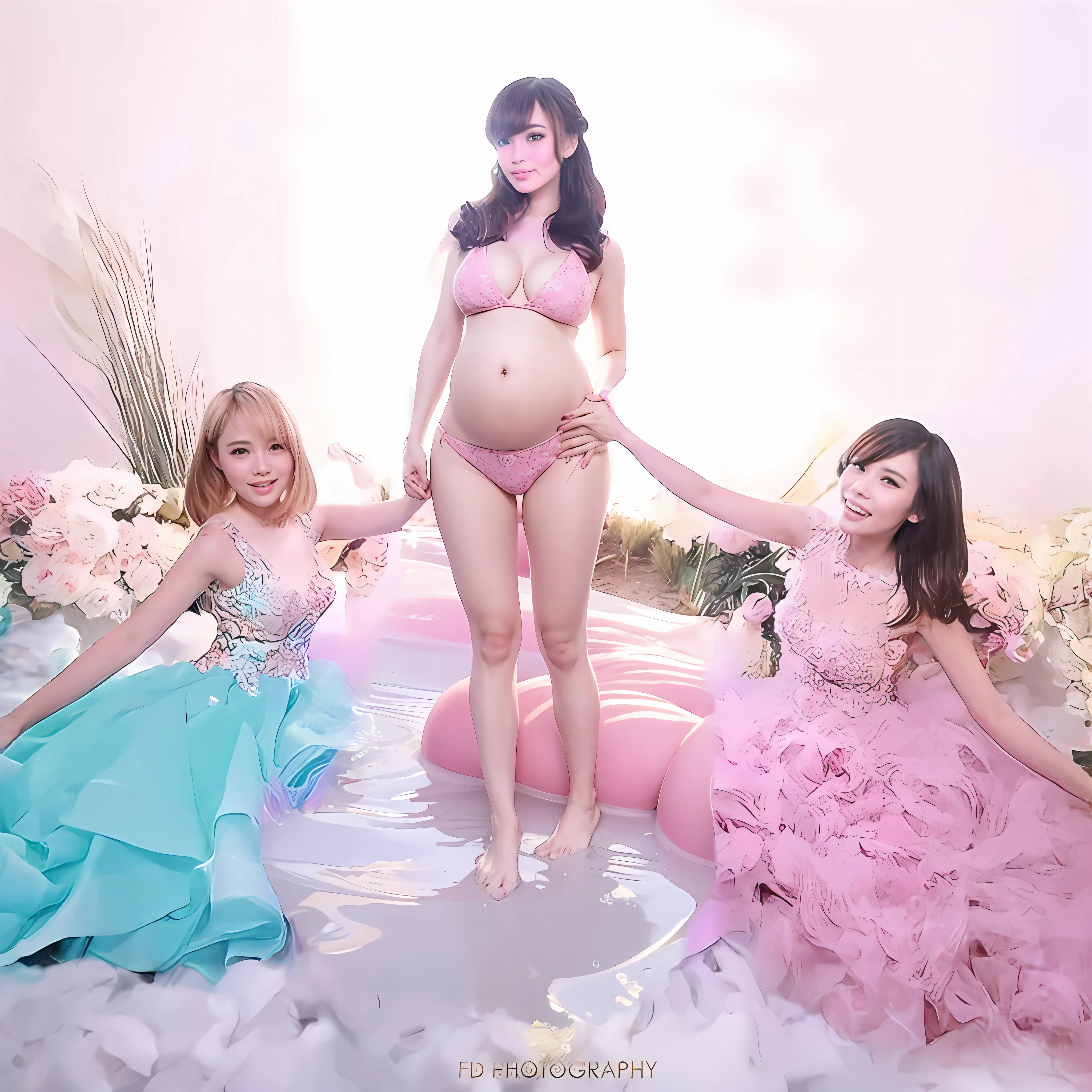 Pink bikini, pregnant, smile