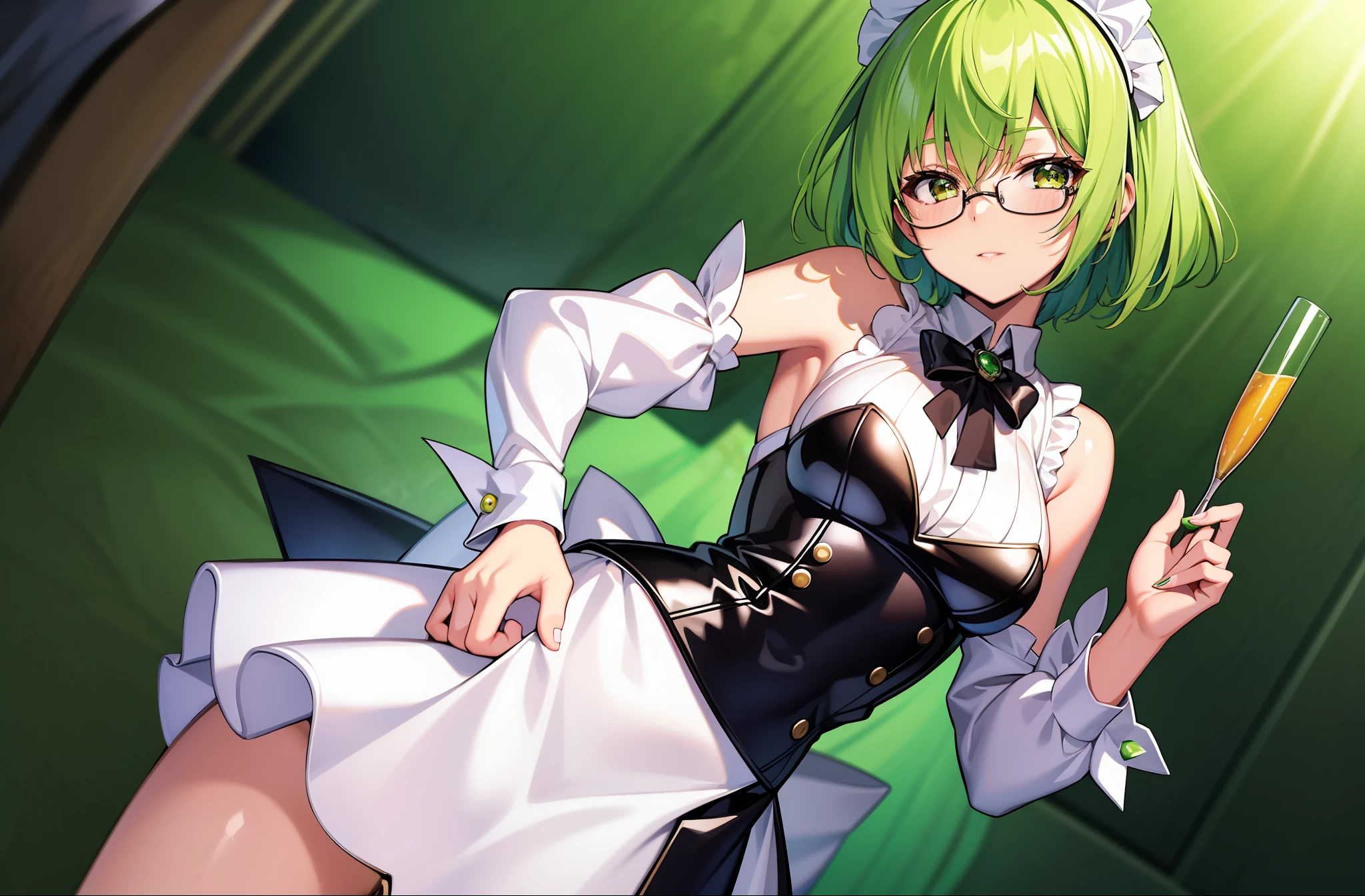 (masterpiece), best quality, ultra high-detailed, 1 girl, solo, straight fingers, shiny skin, short hair, glossy hair, vibrant lime green hair, accent glasses:1.3, elegant maid outfit, seductive pose, standing, small breasts